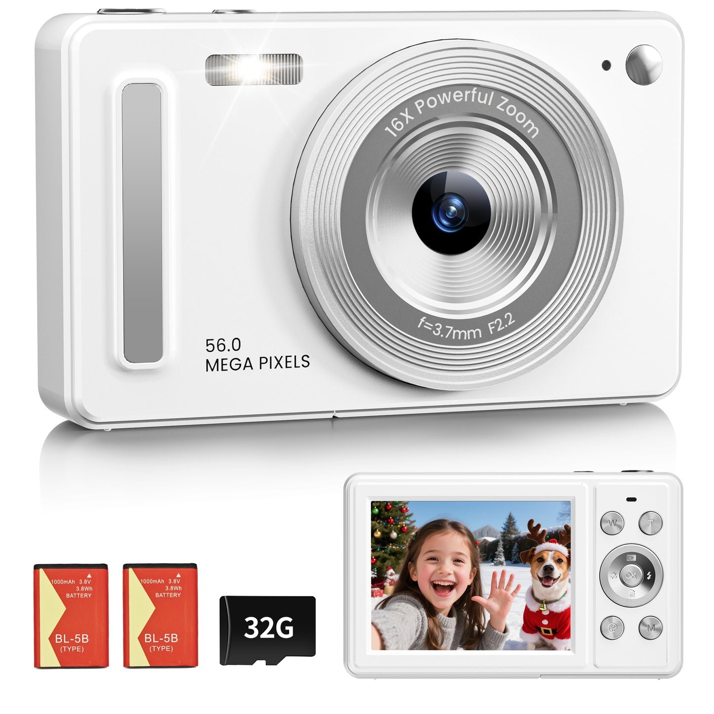 Digital Camera, FHD 1080P Point and Shoot Camera with 32GB SD Card, 2 Batteries, 16X Zoom, Anti Shake, Compact Small Design for Kids Teens Students Girls Boys (White)