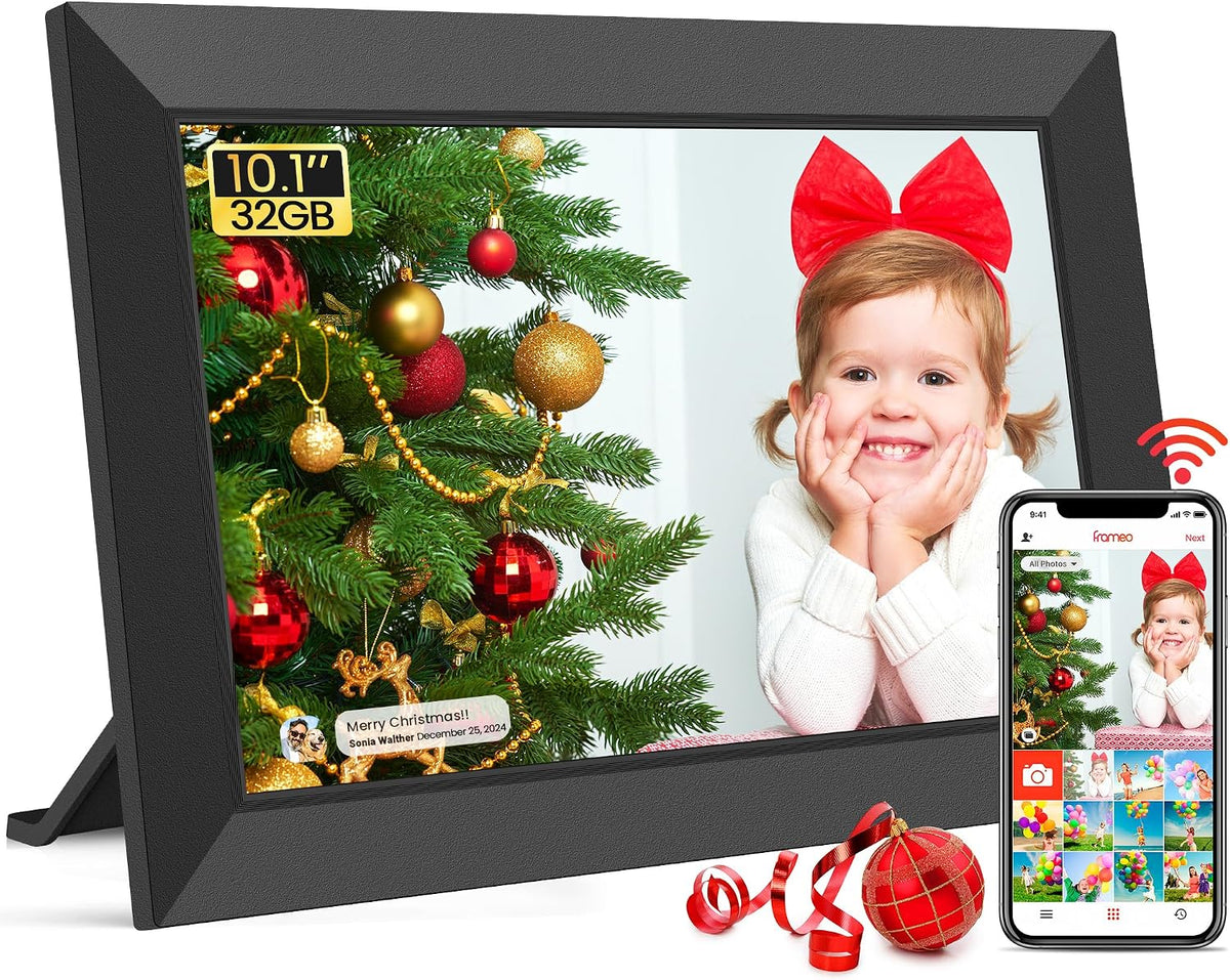 Frameo WLAN Digitaler Bilderrahmen 10,1 Zoll, HD 1280 * 800 IPS Touchscreen Elektronischer FotoRahmen mit 32GB Speicher, Auto Drehung, Einfache Weitergabe von Fotos Videos über Frameo Ap