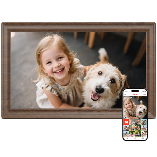 64GB 15.6" Frameo Digital Picture Frame WiFi, Large Electronic Photo Frames Wood 1920 x 1080 IPS FHD Touch Screen, Send Photos from Your Phone from Anywhere, Best Gifts for Family and Friends