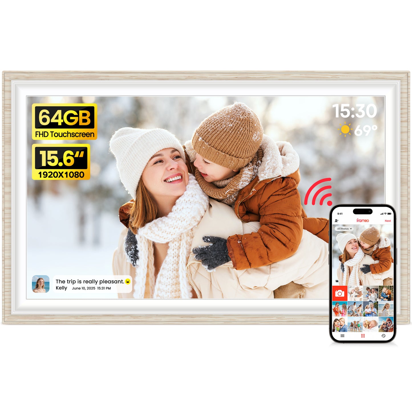 64GB Frameo 15.6" Digital Picture Frame Large 1920 x 1080 IPS FHD Touch Screen WiFi Electronic Photo Frames Share Moments Instantly Anywhere Best Gifts for Parents and Grandparents White Wood
