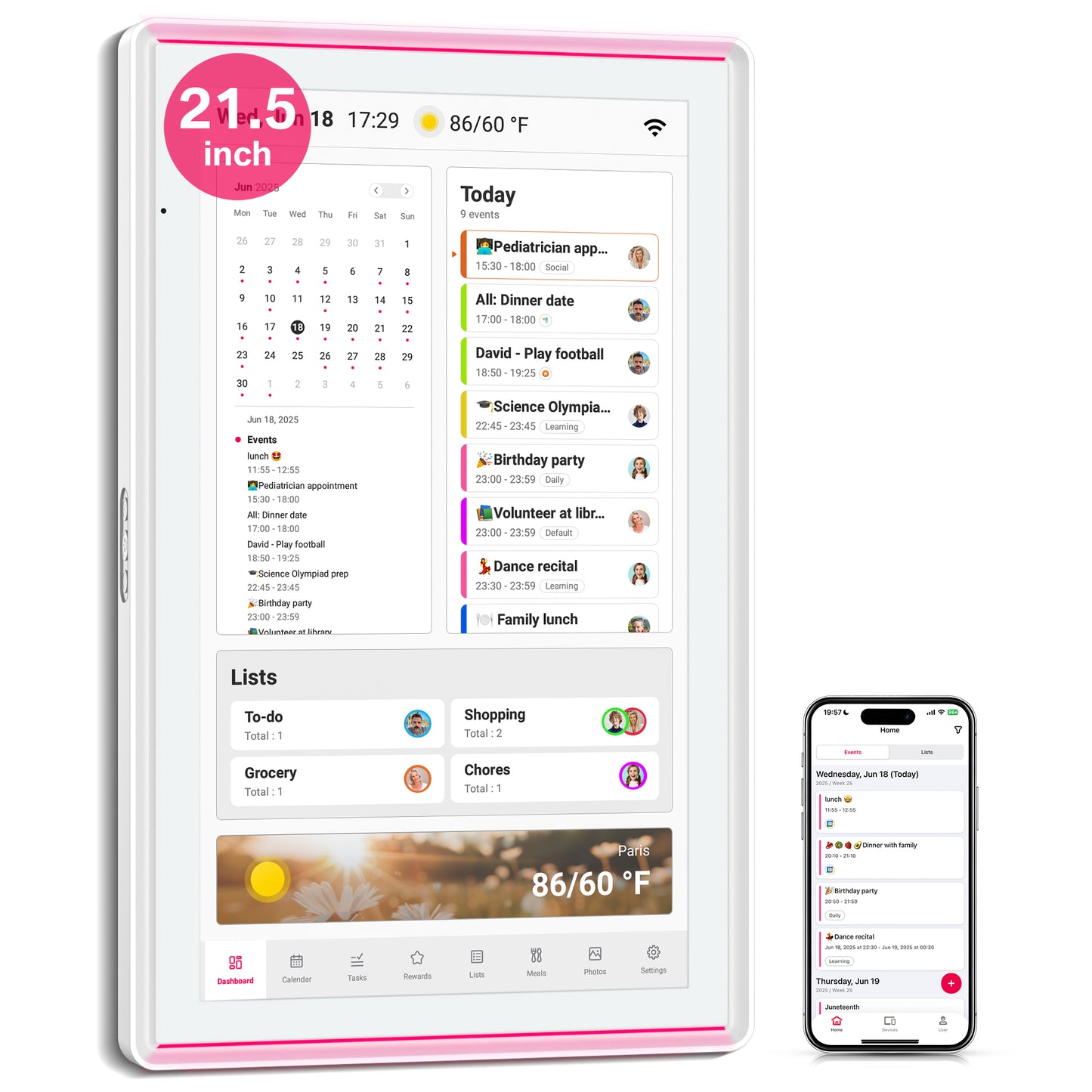 BIGASUO 21.5" Digital Calendar, Smart Touchscreen Interactive Display Organizer, Electronic Wall Tablet for Monthly, Weekly & Daily Agenda, Chore Chart, Meal Planner, To Do List, Family Schedules