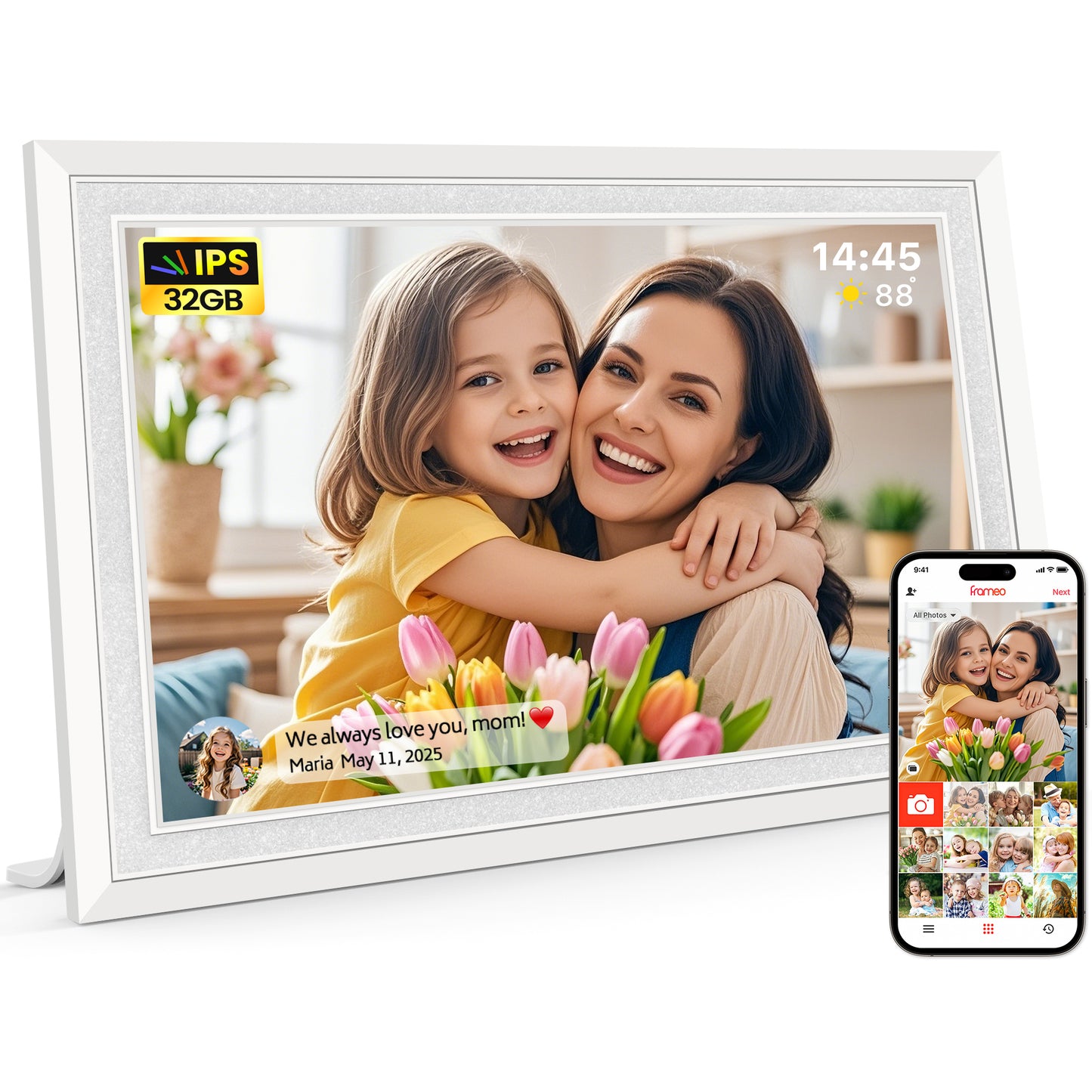 Frameo 10.1" Digital Picture Frame, Smart WiFi Digital Photo Frame with 1280x800 HD IPS Touch Screen 32GB Memory Auto-Rotate Wall Mounted, Share Photos/Videos from Phone Anywhere(White)