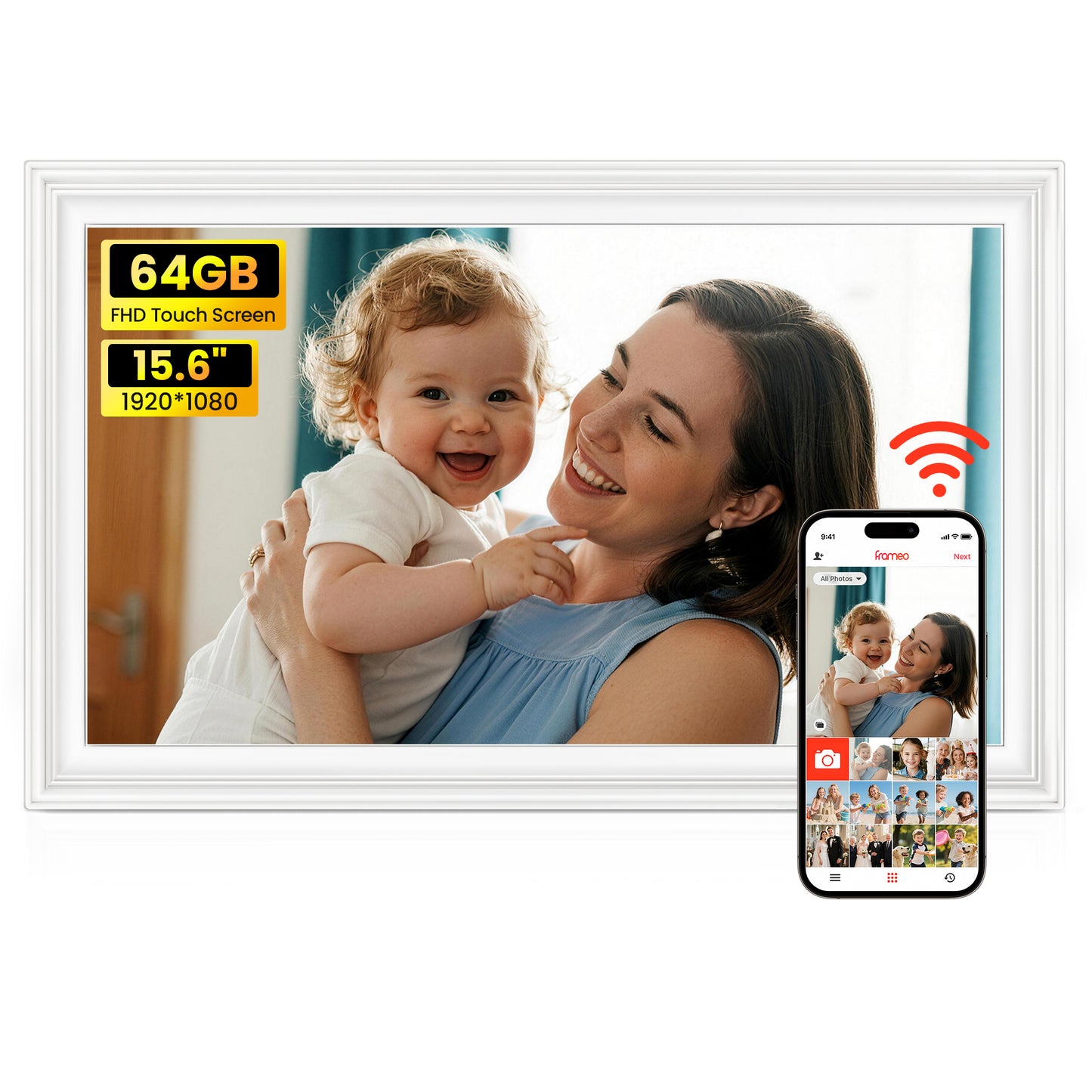 64GB Frameo 15.6" Digital Picture Frame Large 1920 x 1080 IPS FHD Touch Screen WiFi Electronic Photo Frames Share Moments Instantly Anywhere Best Gifts for Parents and Grandparents White