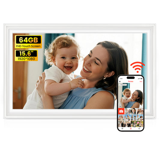 64GB Frameo 15.6" Digital Picture Frame Large 1920 x 1080 IPS FHD Touch Screen WiFi Electronic Photo Frames Share Moments Instantly Anywhere Best Gifts for Parents and Grandparents White