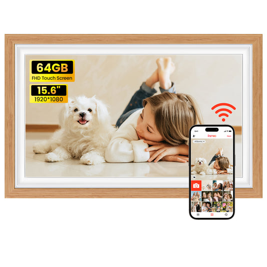 64GB Frameo 15.6" Digital Picture Frame Large 1920 x 1080 IPS FHD Touch Screen WiFi Electronic Photo Frames Share Moments Instantly Anywhere Best Gifts for Parents and Grandparents Natural Wood
