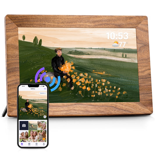 TEMASH Smart Digital Picture Frame WiFi, 10.1 inch Wood Grain Plastic Electronic Photo Frame 32GB Storage Support TF Card IPS Touchscreen, Auto-Rotate Share Photos Wishes, Best Gift