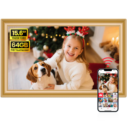 64GB 15.6" Frameo Digital Picture Frame WiFi, Large Electronic Photo Frames Golden 1920 x 1080 IPS FHD Touch Screen, Send Photos from Your Phone from Anywhere, Best Gifts for Family and Friends