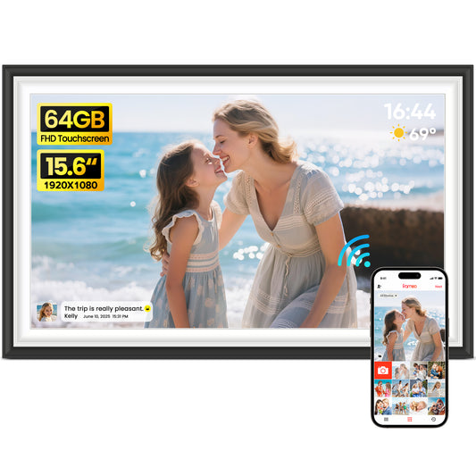 BIGASUO Digital Picture Frame Frameo 15.6" WiFi Electronic Photo Frames Large with 64GB Memory 1920x1080 IPS FHD Touch Screen Share Moments Instantly Anywhere Photo Gifts for Parents and Grandparents