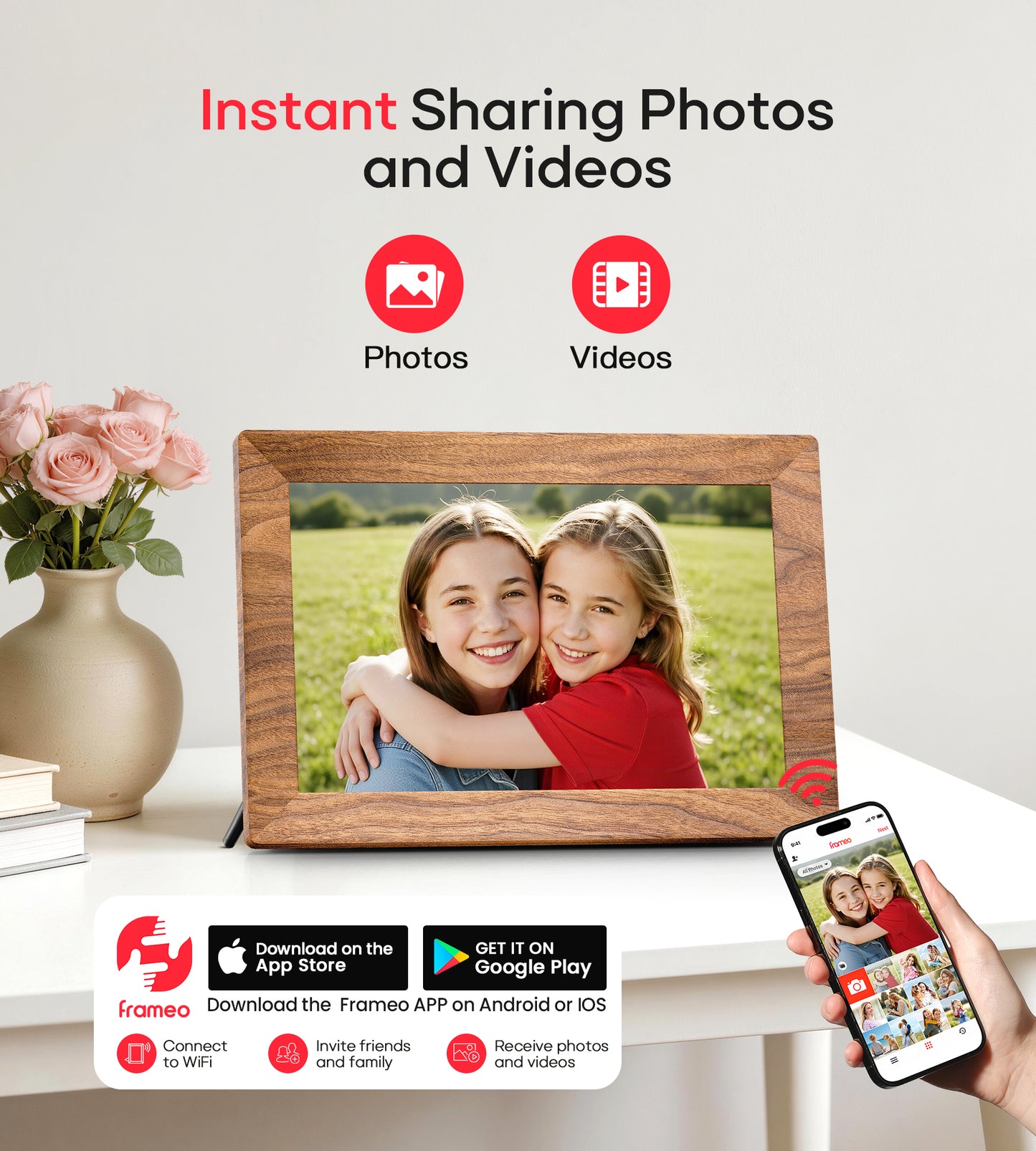 Frameo 10.1" Digital Picture Frame with 32GB Memory WiFi Electronic Photo Frame Wood 1280 x 800 IPS Touch Screen Auto-Rotate Slideshow Wall Mountable Share Photos/Video Remotely Anywhere
