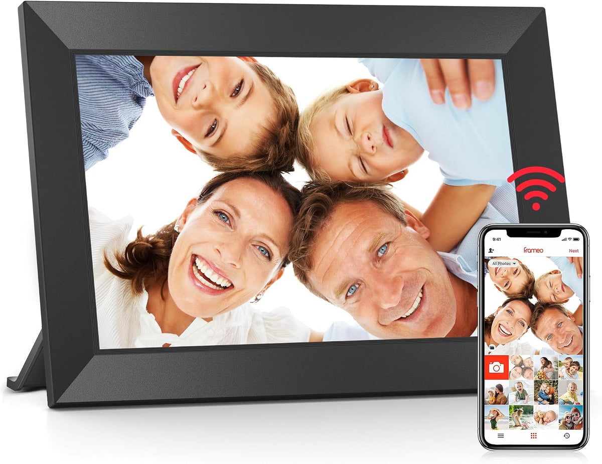 Frameo 10,1 Zoll WiFi Digitaler Bilderrahmen, 1280x800 HD IPS Touchscreen Foto Rahmen, 32GB Speicher, Automatische Rotation, Wandmontagefähig, Teilen Sie Fotos sofort von überall aus