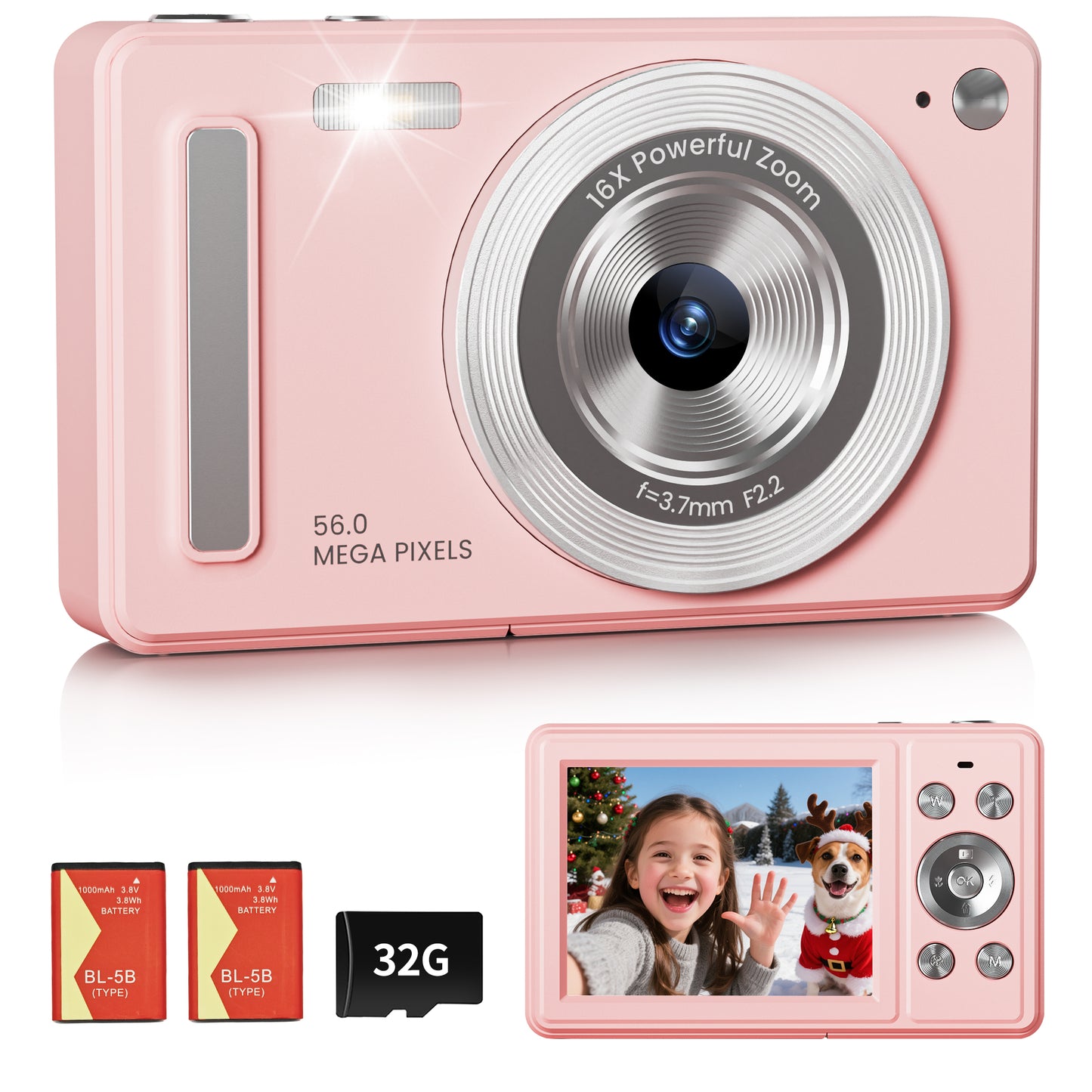Digital Camera, FHD 1080P Point and Shoot Camera with 32GB SD Card, 2 Batteries, 16X Zoom, Anti Shake, Compact Small Design for Kids Teens Students Girls Boys (Pink)
