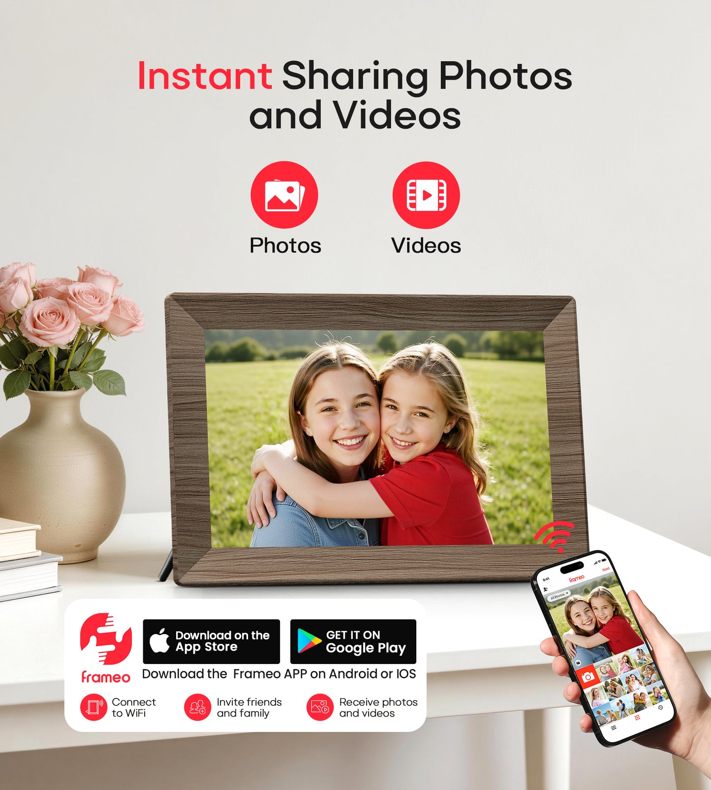 Frameo 10.1" Digital Picture Frame with 32GB Memory Wood WiFi Electronic Photo Frame 1280 x 800 IPS Touch Screen Auto-Rotate Slideshow Wall Mountable Share Photos/Video Remotely Anywhere