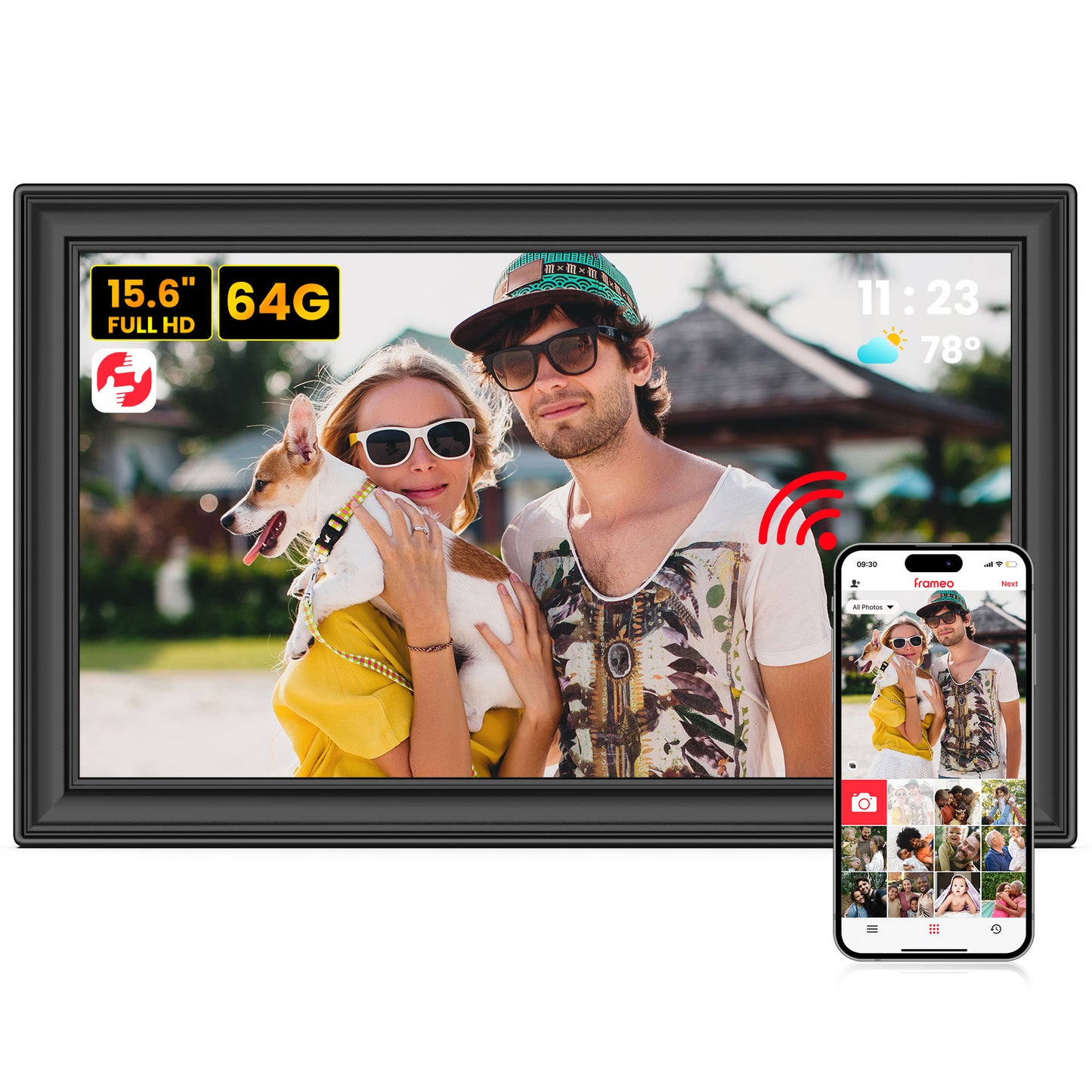 64GB Frameo Digital Picture Frame, TEMASH 15.6 Inch Large Digital Photo Frame WiFi, 1920*1080 FHD IPS Touchscreen Auto Rotate, Easy to Share Photos Videos, Black