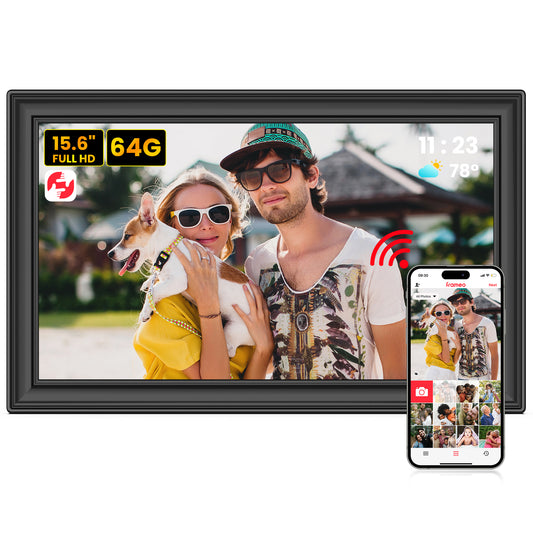 64GB Frameo Digital Picture Frame, TEMASH 15.6 Inch Large Digital Photo Frame WiFi, 1920*1080 FHD IPS Touchscreen Auto Rotate, Easy to Share Photos Videos, Black