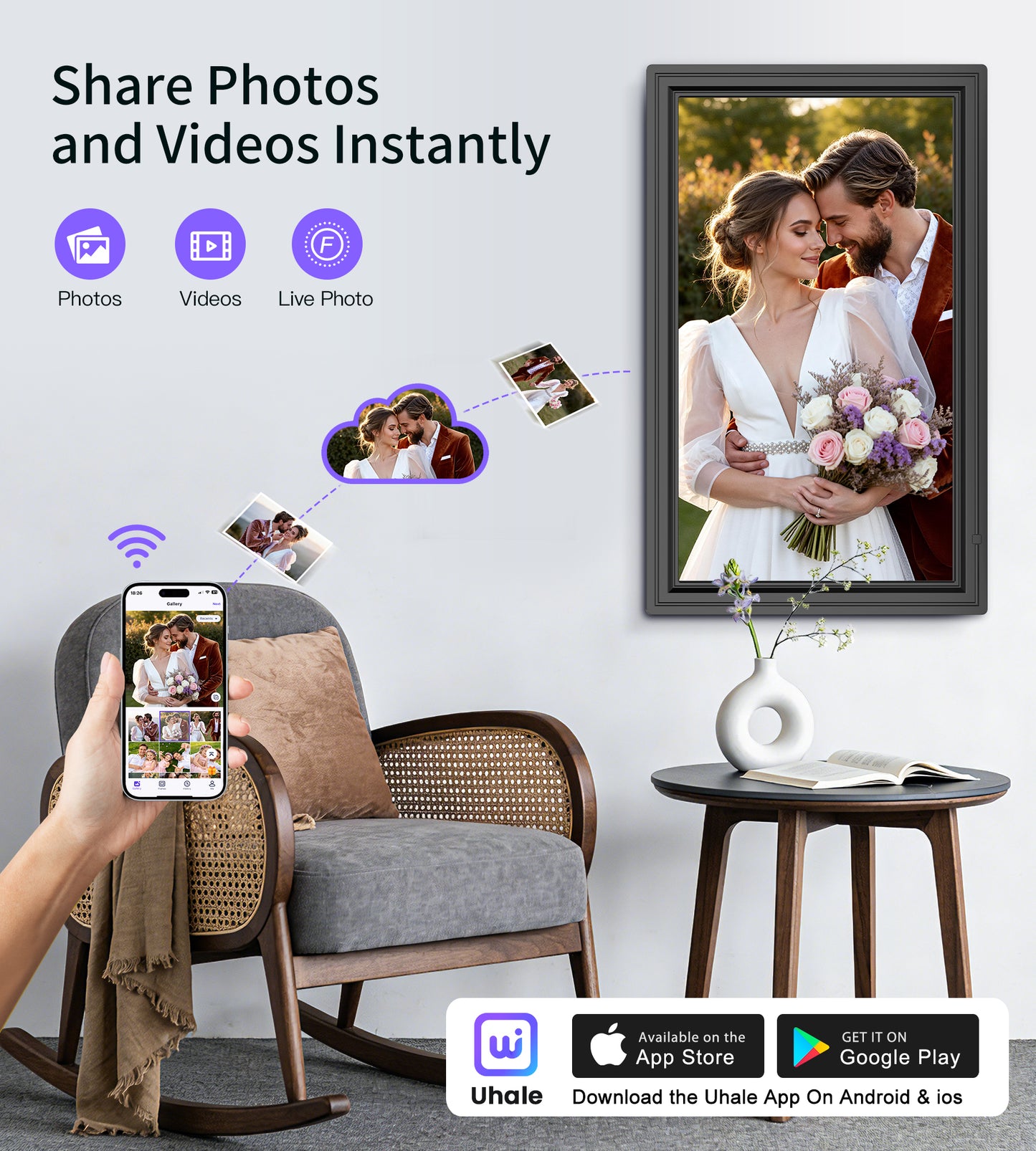 64GB 15.6" Large Digital Picture Frame, Uhale WiFi Electronic Photo Frames with 1920 x 1080 FHD IPS Touch Screen, Support Auto-Rotate Wall Mounted SD&USB Card, Share Photos/Videos from Phone Instantly