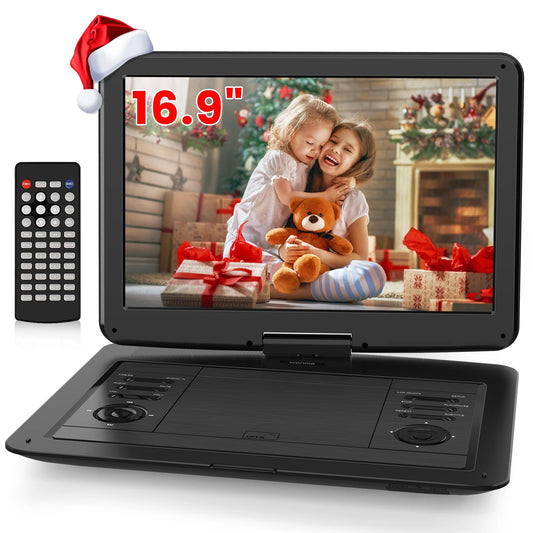 WONNIE 16.9" Portable DVD Player with 14.1" Large Swivel Screen for Car and Kids, Headrest DVD Player with 6 Hrs Rechargeable Battery, Dual Speakers, Support USB/SD Card/Sync TV