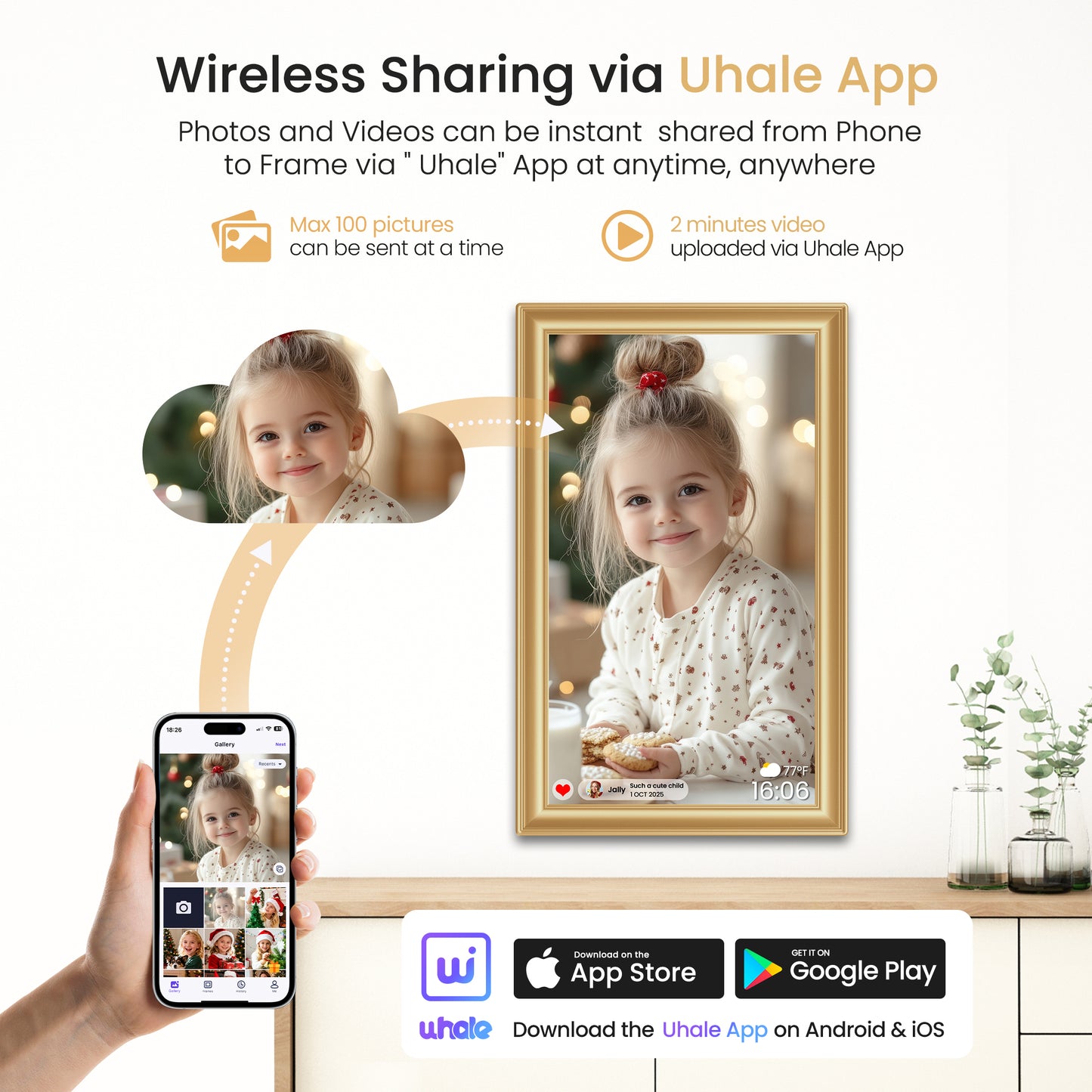 Uhale WiFi Digital Picture Frame, RCA 10.1 Inch Electric 1080p HD Touch Screen Photo Frame Digital with 32GB Memory, USB SD Slot, Auto Rotate, Wall Mountable, Share Photos/Videos Instantly (Gold)