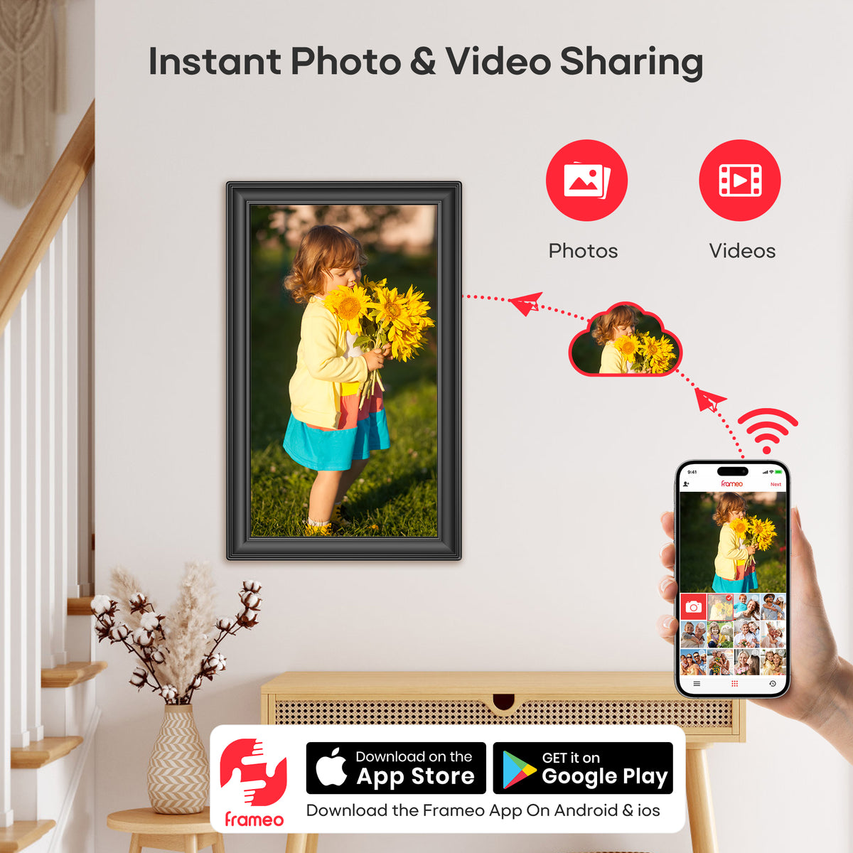 Frameo 15.6” 64GB Digital Picture Frame NUSICAN WiFi Photo Video Frames 1920 x 1080 FHD Touch Screen, Auto Rotate, Wall Mounted, Share from Phone App Easily, Best Gifts for Parents & Friends