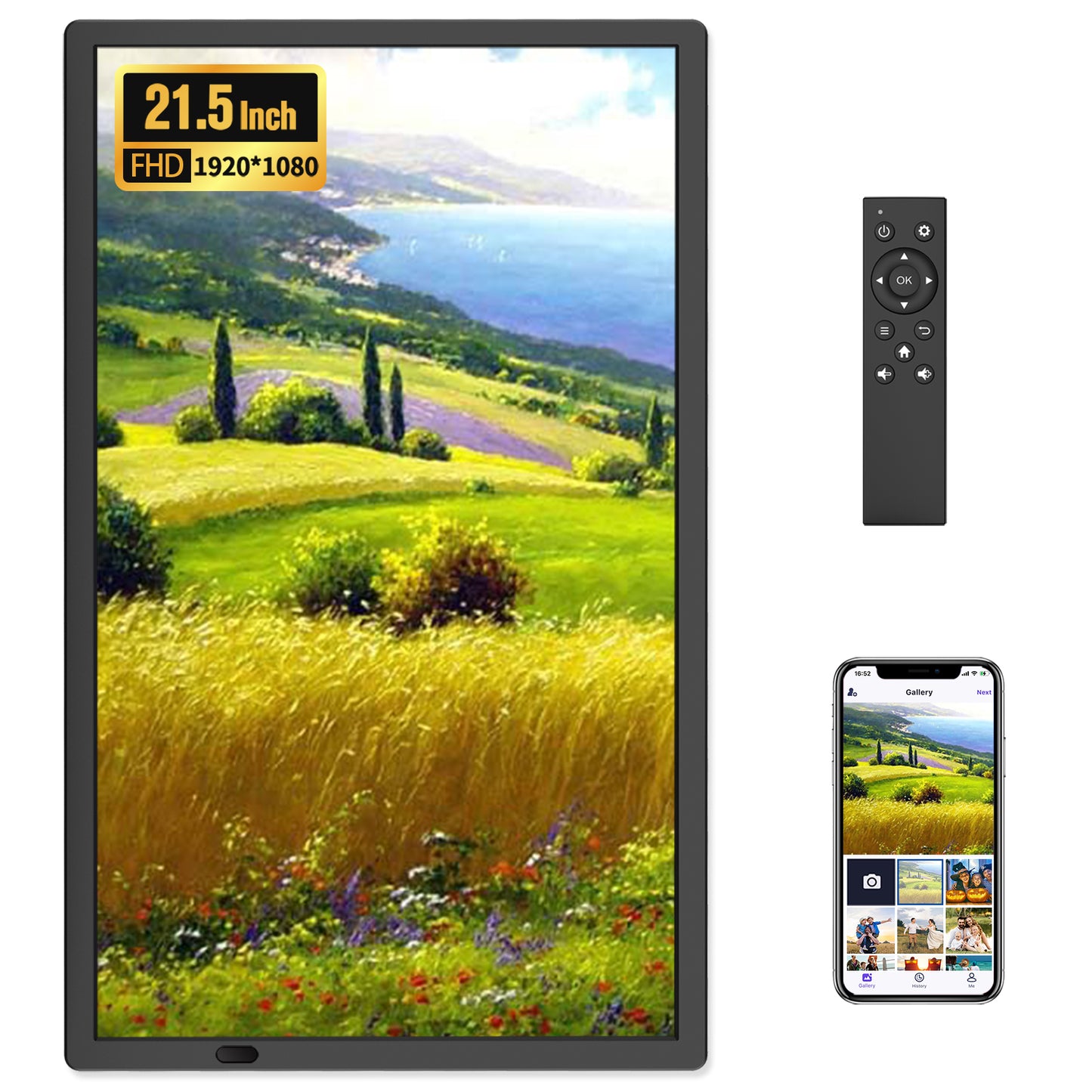 FANGOR 21.5" Large Digital Picture Frame 64GB, WiFi Photo Frame 1920x1080 FHD IPS Display with Remote Control, Auto-Rotate, Wall Mounted, Share Photos/Videos Via Uhale App/USB/SD (No Touch Screen)