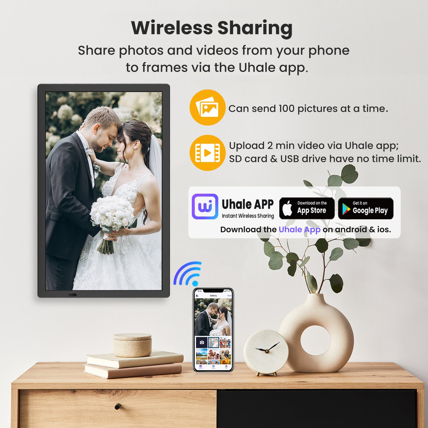 FANGOR 21.5" Large Digital Picture Frame 64GB, WiFi Photo Frame 1920x1080 FHD IPS Display with Remote Control, Auto-Rotate, Wall Mounted, Share Photos/Videos Via Uhale App/USB/SD (No Touch Screen)