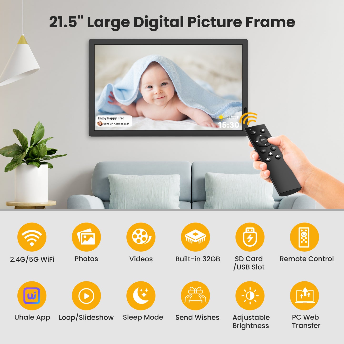 FANGOR 21.5" Large Digital Picture Frame 64GB, WiFi Photo Frame 1920x1080 FHD IPS Display with Remote Control, Auto-Rotate, Wall Mounted, Share Photos/Videos Via Uhale App/USB/SD (No Touch Screen)