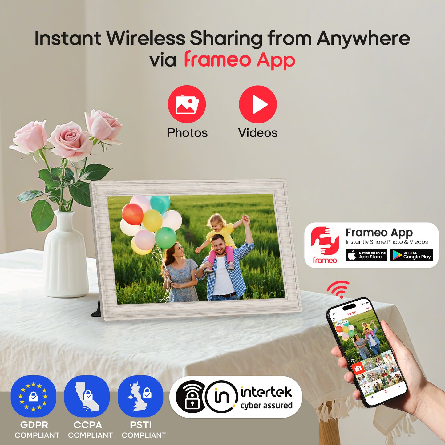 Frameo 10.1" WiFi Digital Picture Frame with 32GB Memory, 1280 x 800 IPS HD Touch Screen Electronic Photo Frame, Auto-Rotate, Slideshow, Share Photos/Video Remotely Anywhere White Wood Grain