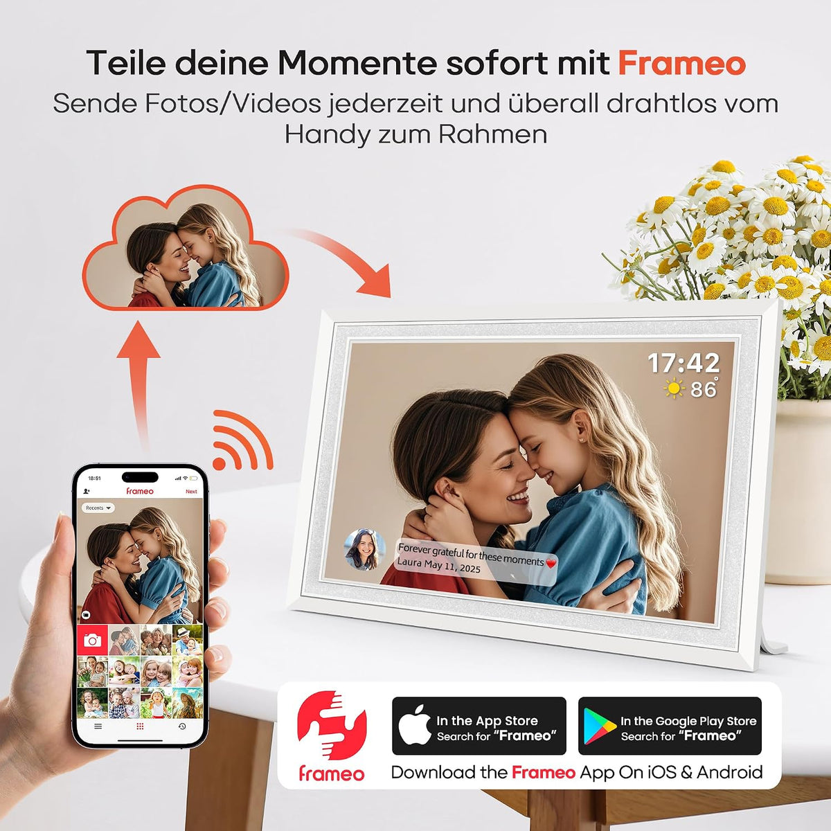 Frameo WLAN Digitaler Bilderrahmen 10,1 Zoll, HD 1280 * 800 IPS Touchscreen Elektronischer FotoRahmen mit 32GB Speicher, Auto Drehung, Einfache Weitergabe von Fotos Videos über Frameo App