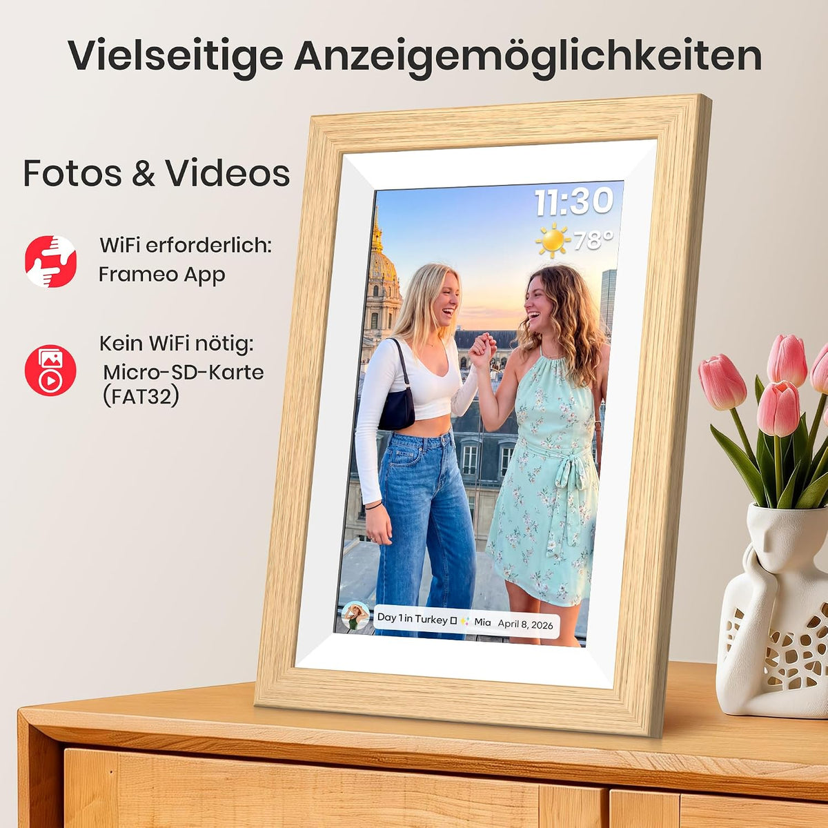 Frameo WLAN Digitaler Bilderrahmen 10,1 Zoll, HD 1280 * 800 IPS Touchscreen Elektronischer FotoRahmen mit 32GB Speicher, Auto Drehung, Einfache Weitergabe von Fotos Videos über Frameo App