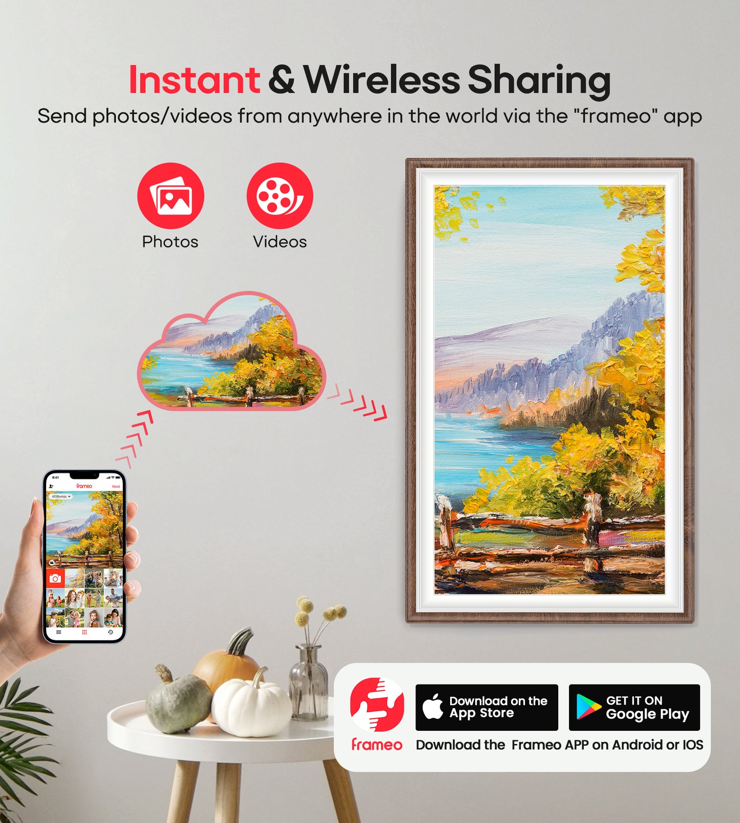 64GB Frameo 15.6" Digital Picture Frame Large 1920 x 1080 IPS FHD Touch Screen WiFi Electronic Photo Frames Share Moments Instantly Anywhere Best Gifts for Parents and Grandparents Brown Wood White