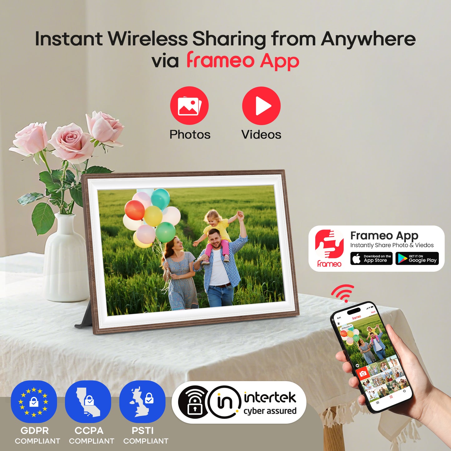 Frameo 10.1" Wood WiFi Digital Picture Frame with 32GB Memory, 1280 x 800 IPS HD Touch Screen Electronic Photo Frame, Auto-Rotate, Slideshow, Wall Mountable, Share Photos/Video Remotely Anywhere