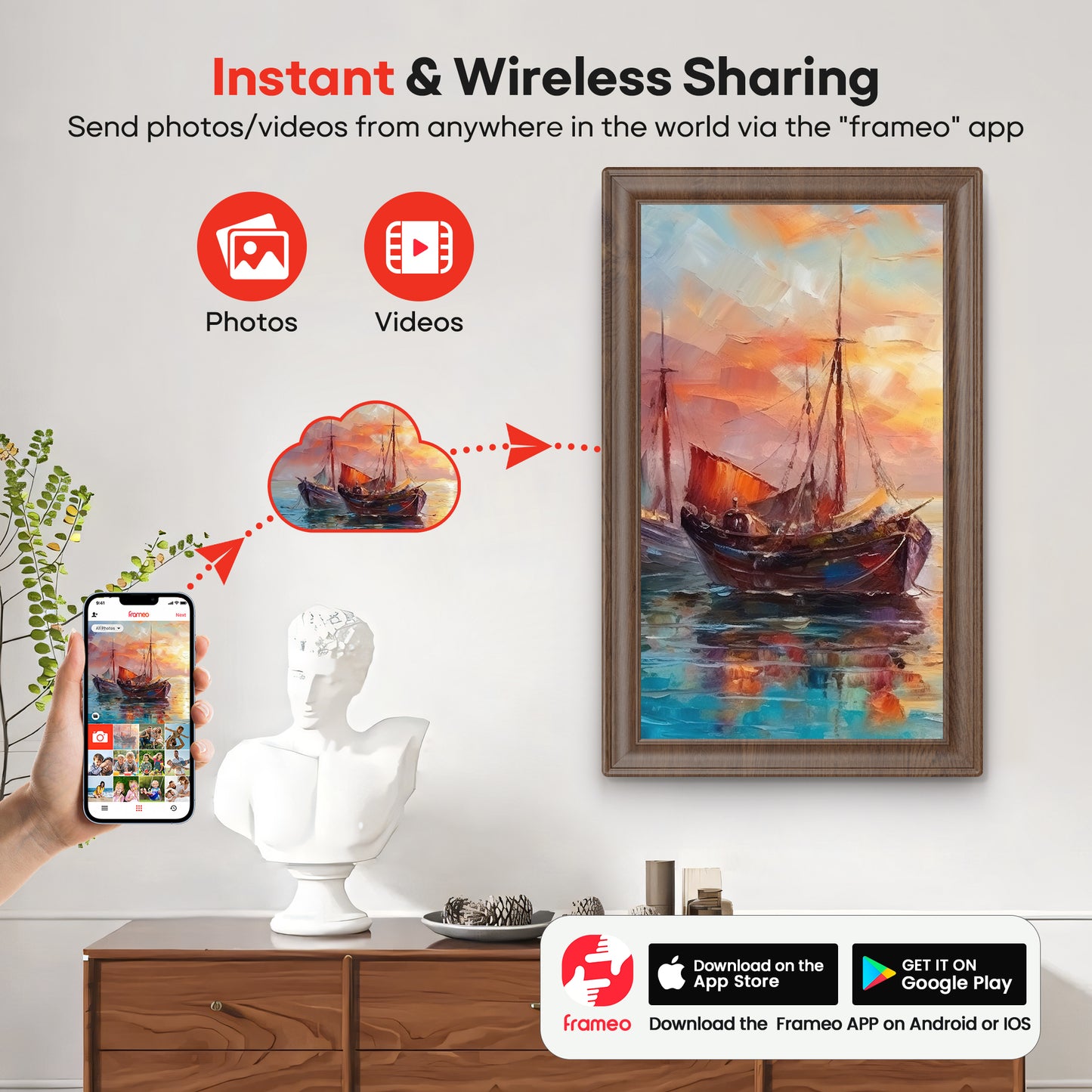64GB 15.6" Frameo Digital Picture Frame WiFi, Large Electronic Photo Frames Wood 1920 x 1080 IPS FHD Touch Screen, Send Photos from Your Phone from Anywhere, Best Gifts for Family and Friends