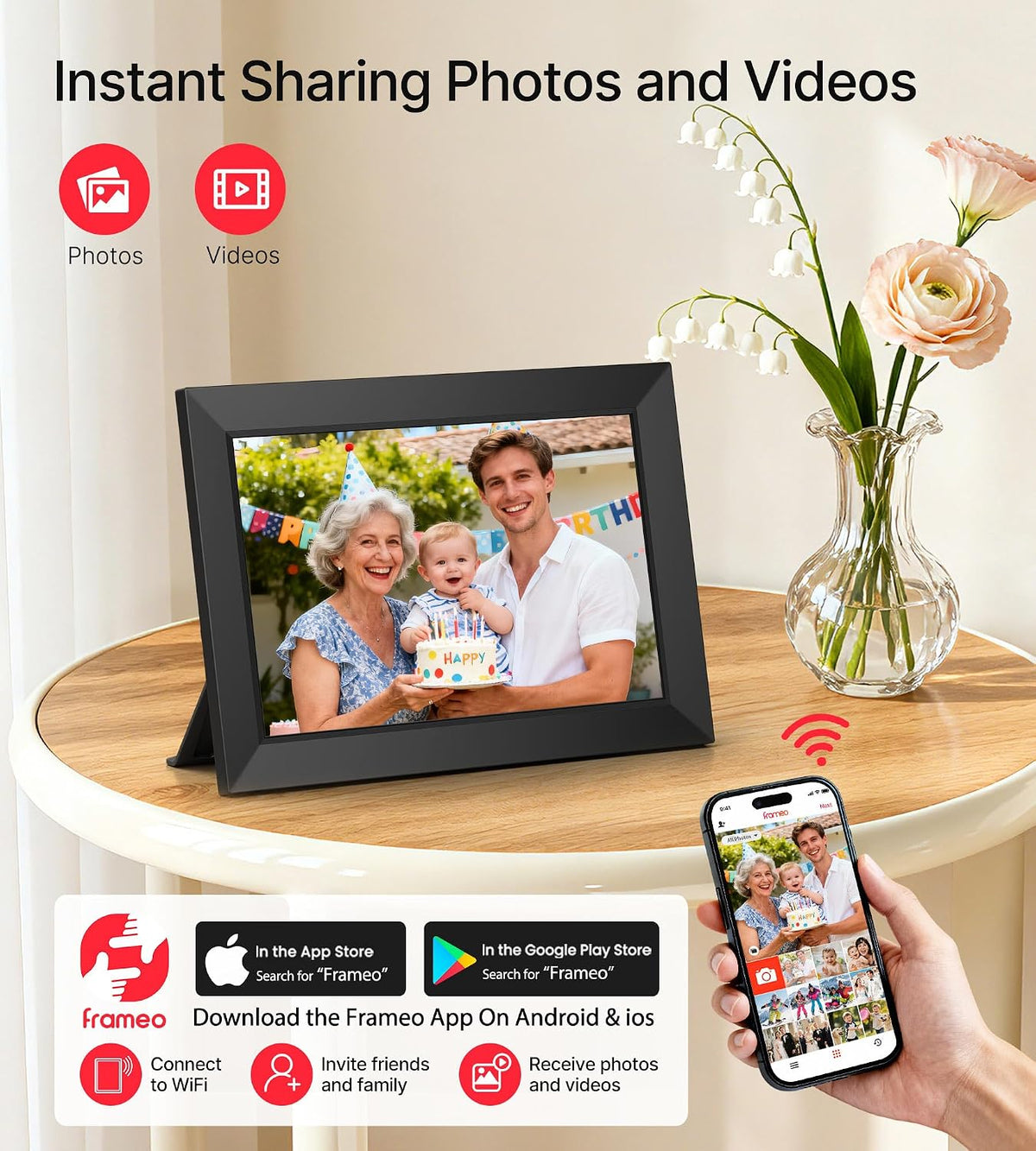 Frameo 10,1 Zoll WiFi Digitaler Bilderrahmen, 1280x800 HD IPS Touchscreen Foto Rahmen, 32GB Speicher, Automatische Rotation, Wandmontagefähig, Teilen Sie Fotos sofort von überall aus