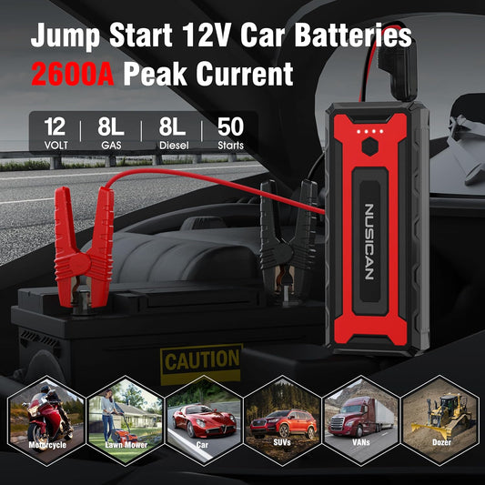 NUSICAN Portable Car Jump Starter , 2600A Peak 22000mAh Lithium battery Booster Power Pack for up to 8.0L Gas & Diesel, Power Bank Charger for Car Battery with Dual USB/Quick Charge 3.0 /Type-C