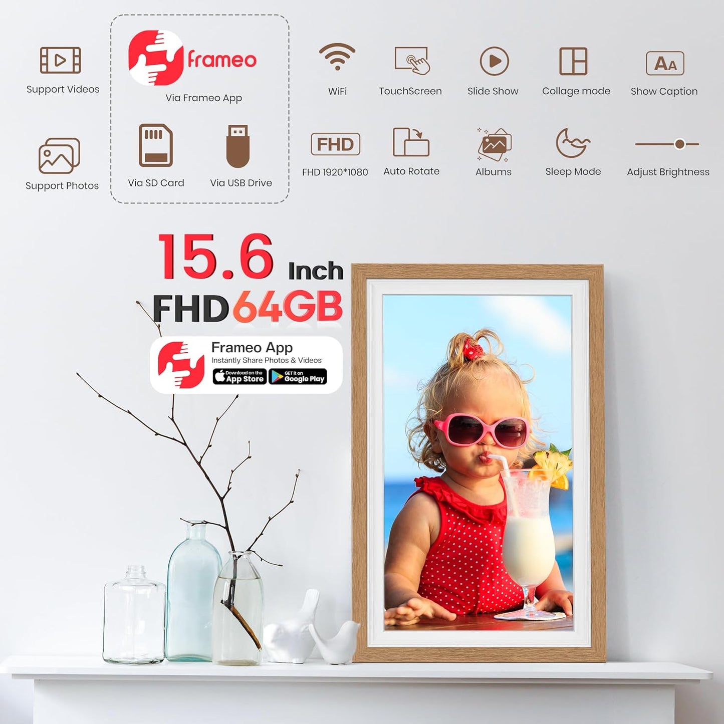 Frameo 15.6 Inch WiFi Digital Photo Frame with 64GB Memory, 1920x1080 FHD IPS Touchscreen Digital Picture Frame, Auto-Rotate, Instant Photo & Video Sharing via Frameo App