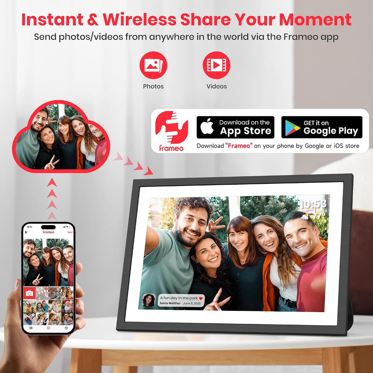 Frameo WLAN Digitaler Bilderrahmen 10,1 Zoll, 1920 * 1200P 2K Touchscreen 64GB Speicher Elektronischer FotoRahmen, Auto Drehung, Einfache Weitergabe von Fotos Videos über Frameo App