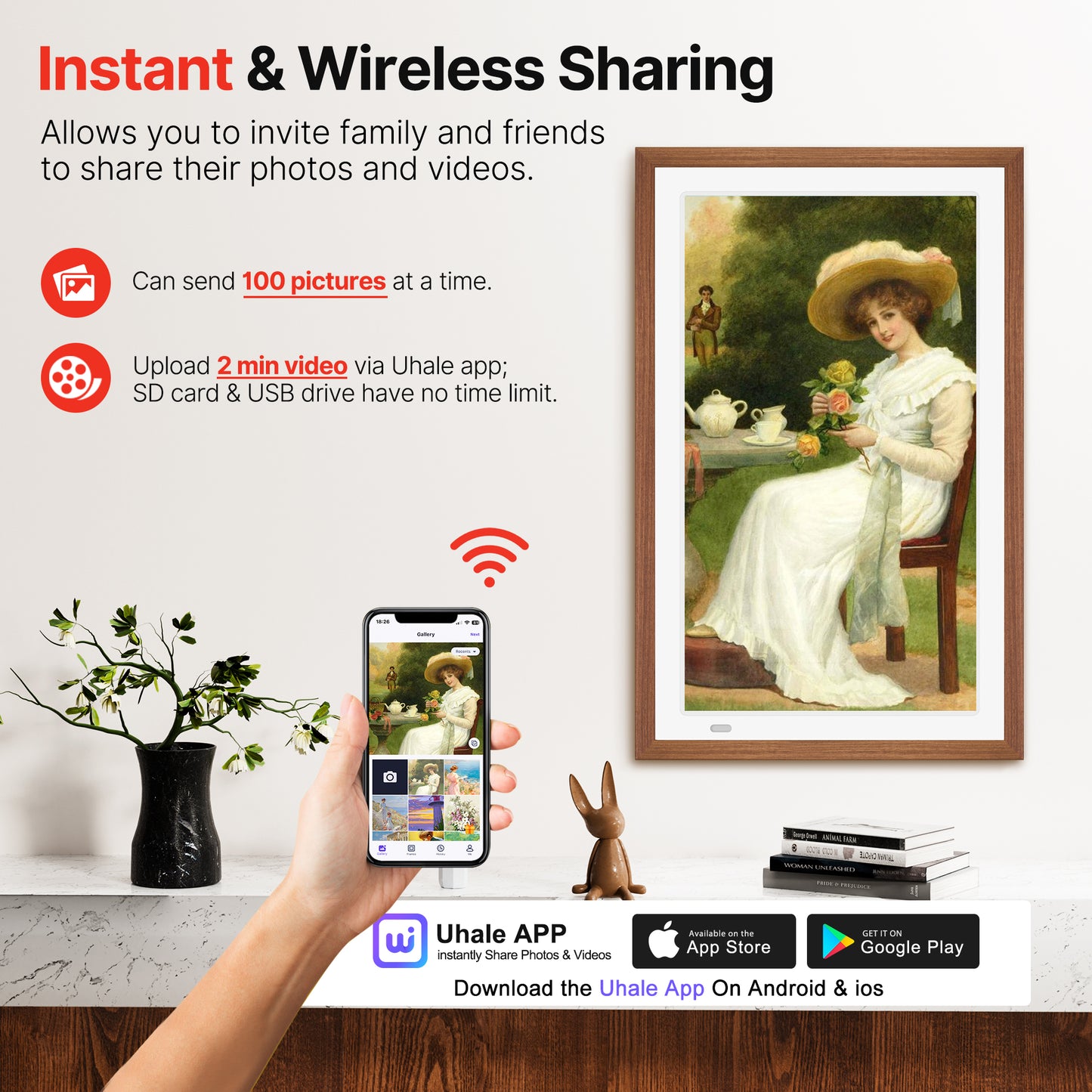 FANGOR 21.5" Large Digital Picture Frame 64GB, WiFi Photo Frame 1920x1080 FHD IPS Display with Remote Control, Auto-Rotate, Wall Mounted, Share Photos/Videos Via Uhale App/USB/SD (No Touch Screen)