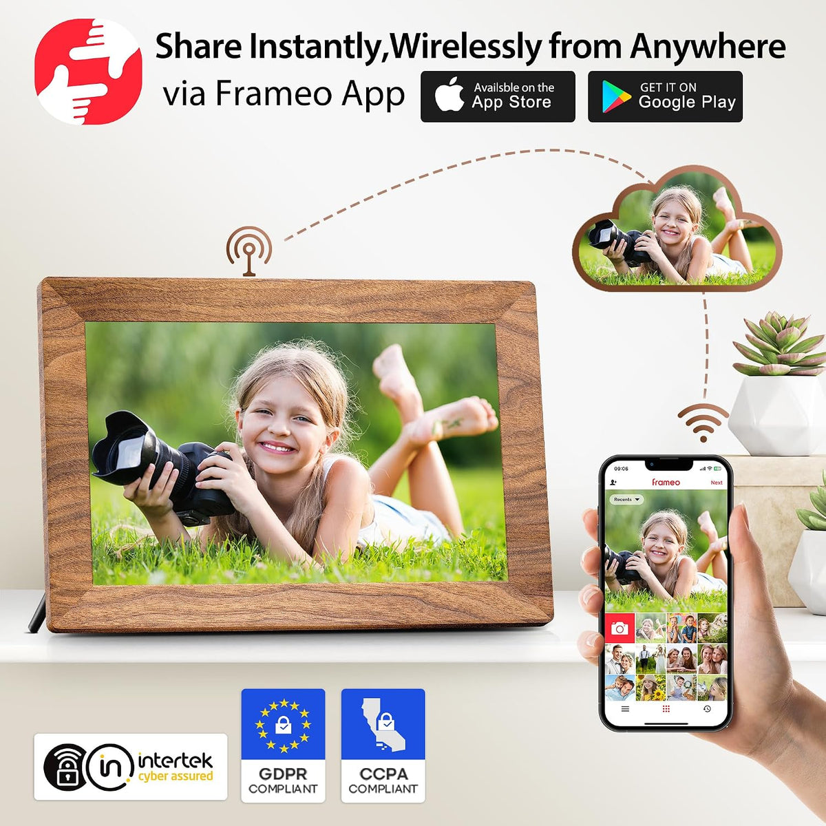 Frameo WLAN Digitaler Bilderrahmen 10,1 Zoll, HD 1280 * 800 IPS Touchscreen Elektronischer FotoRahmen mit 32GB Speicher, Auto Drehung, Einfache Weitergabe von Fotos Videos über Frameo App