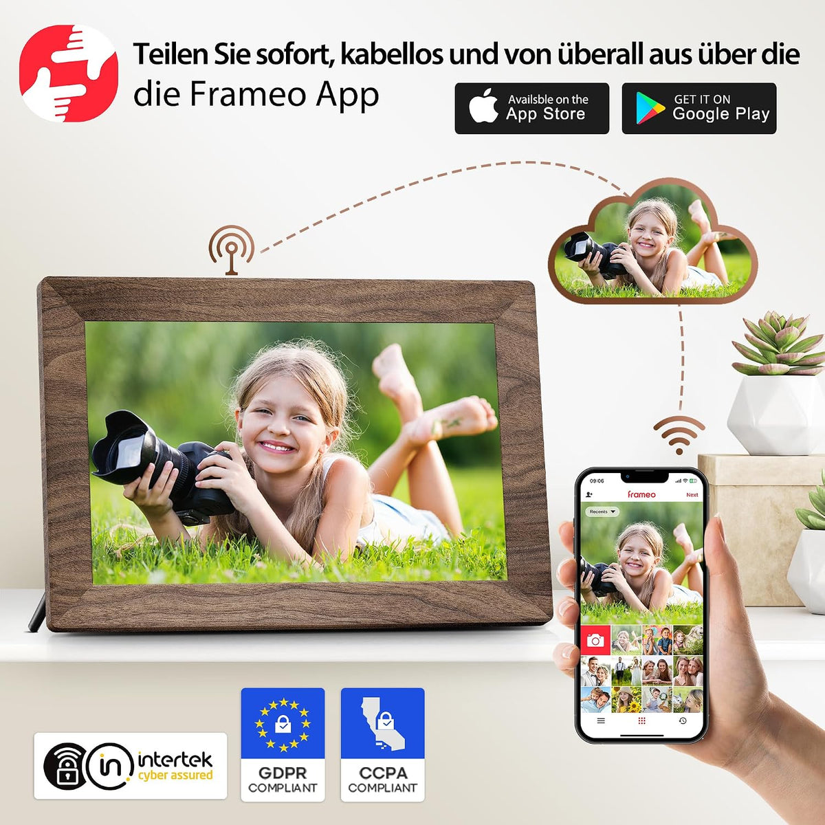 Frameo WLAN Digitaler Bilderrahmen 10,1 Zoll, HD 1280 * 800 IPS Touchscreen Elektronischer FotoRahmen mit 32GB Speicher, Auto Drehung, Einfache Weitergabe von Fotos Videos über Frameo App