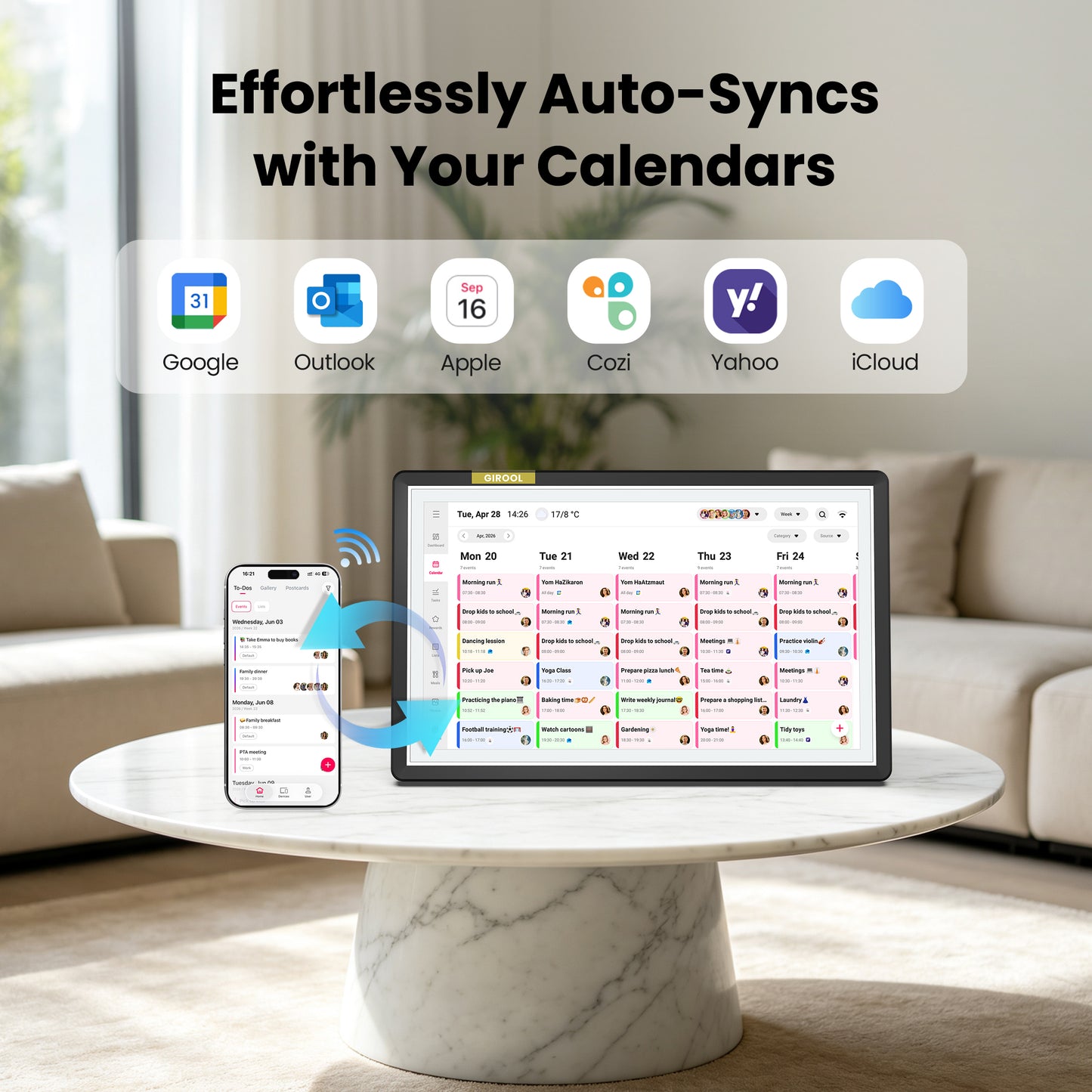 GIROOL 15.6" Digital Calendar-1920x1080 Full HD Touchscreen Family Planner & Calendar with Chore Chart & Meal Planner, Wall-Mountable (Black White)