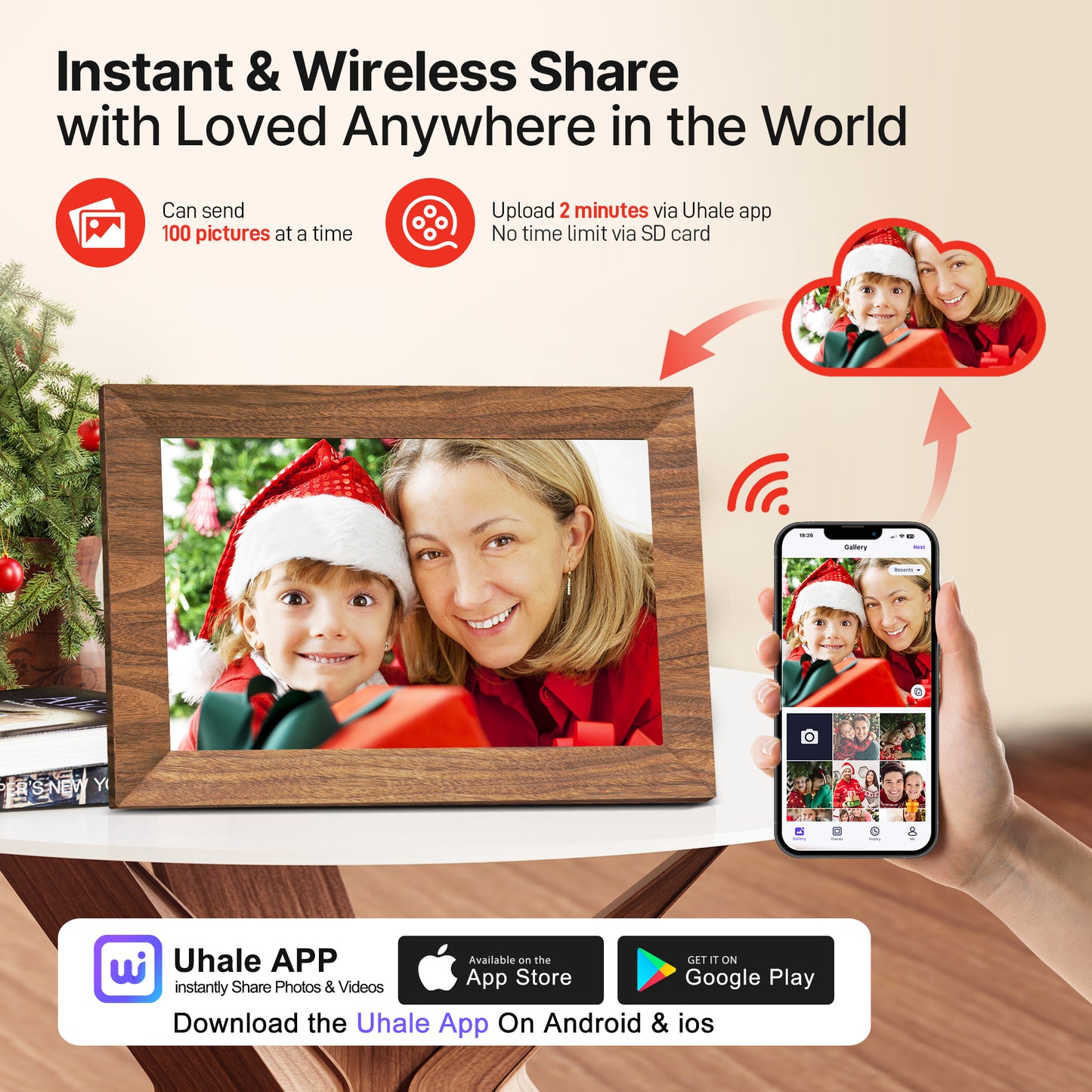 Uhale Digital Picture Frame 32GB Storage 10.1 Inch Wood WiFi Electronic Photo Frames SD Card Slot IPS Touch Screen HD Display Auto Rotate Slideshow Share Videos Photos Instantly Send Wishes Remotely