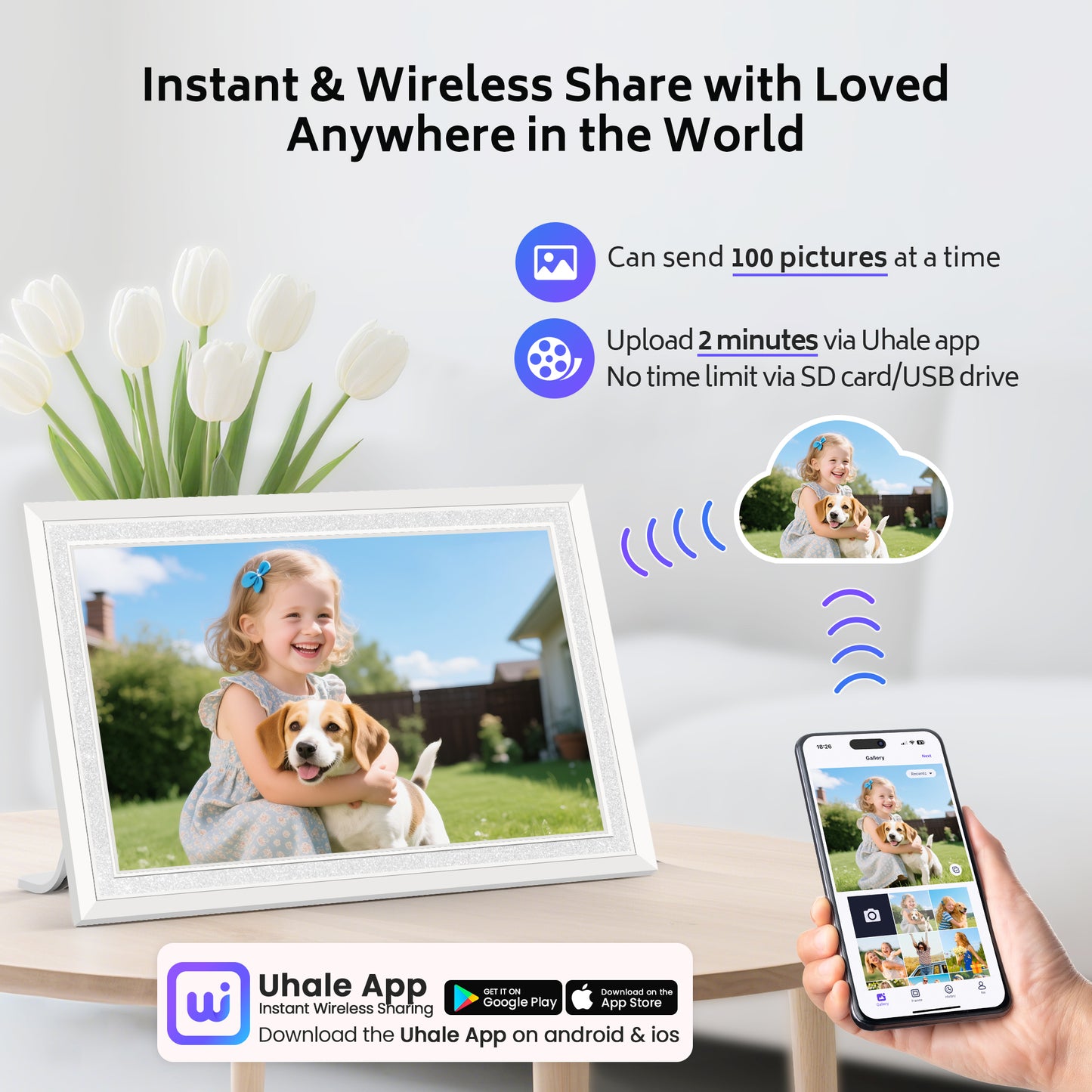 Uhale 10.1 Inch Digital Picture Frame 32GB Momery White WiFi Electronic Photo Frame IPS HD Touch Screen Display Share Photos/Videos Instantly Anywhere Gifts for Mom Dad Grandparents