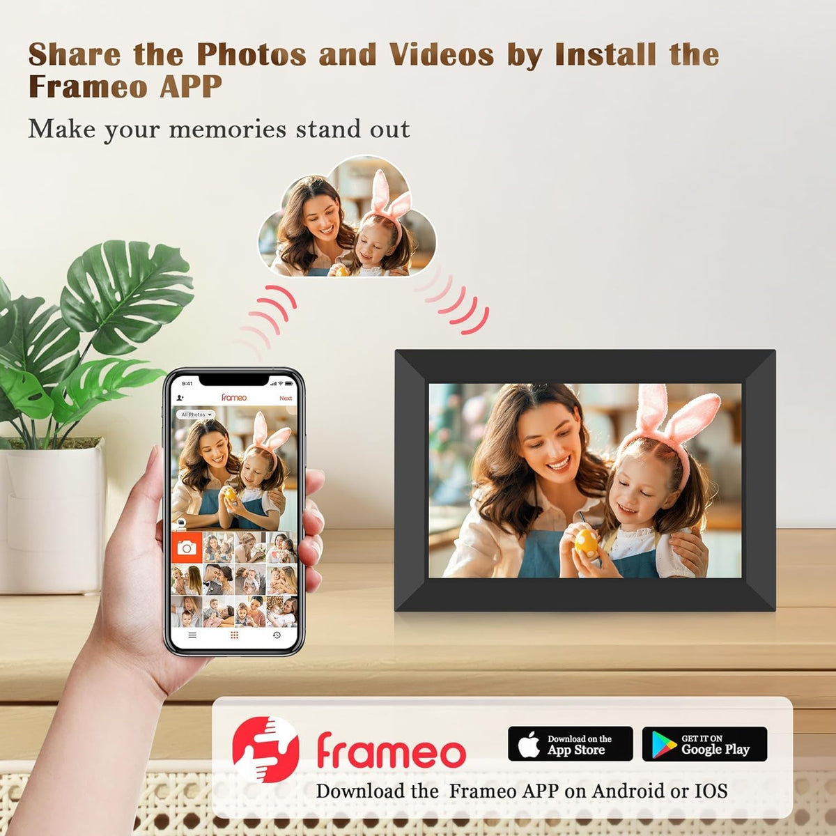 Frameo WLAN Digitaler Bilderrahmen 10,1 Zoll, HD 1280 * 800 IPS Touchscreen Elektronischer FotoRahmen mit 32GB Speicher, Auto Drehung, Einfache Weitergabe von Fotos Videos über Frameo Ap