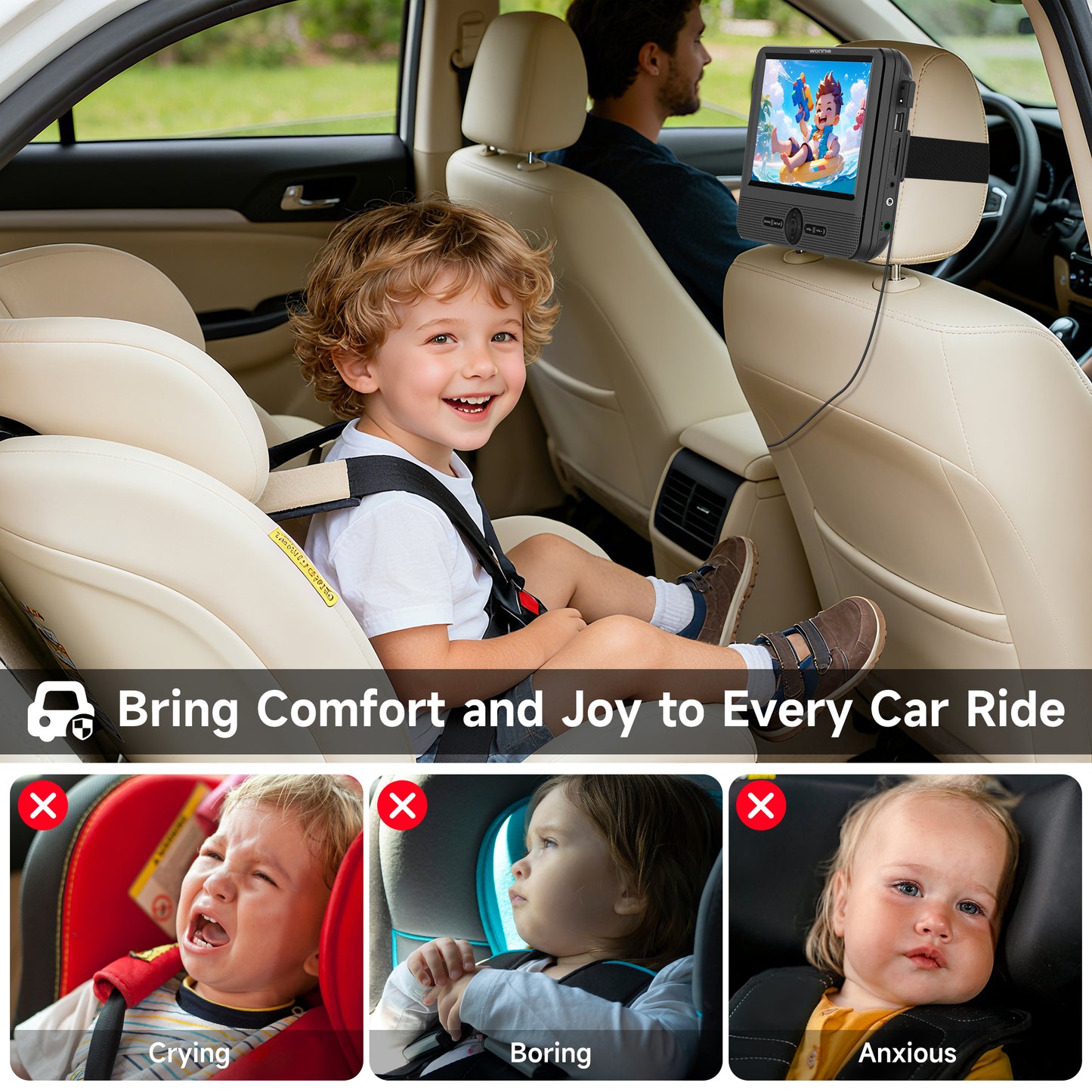 WONNIE 7.5” Dual DVD Player for Car, Portable Dual Screen DVD Player for Kids with Strap, AV In/Out, Support Play Same or Two different Videos/USB/SD, Best Kids Gift (Without Built-in Battery)