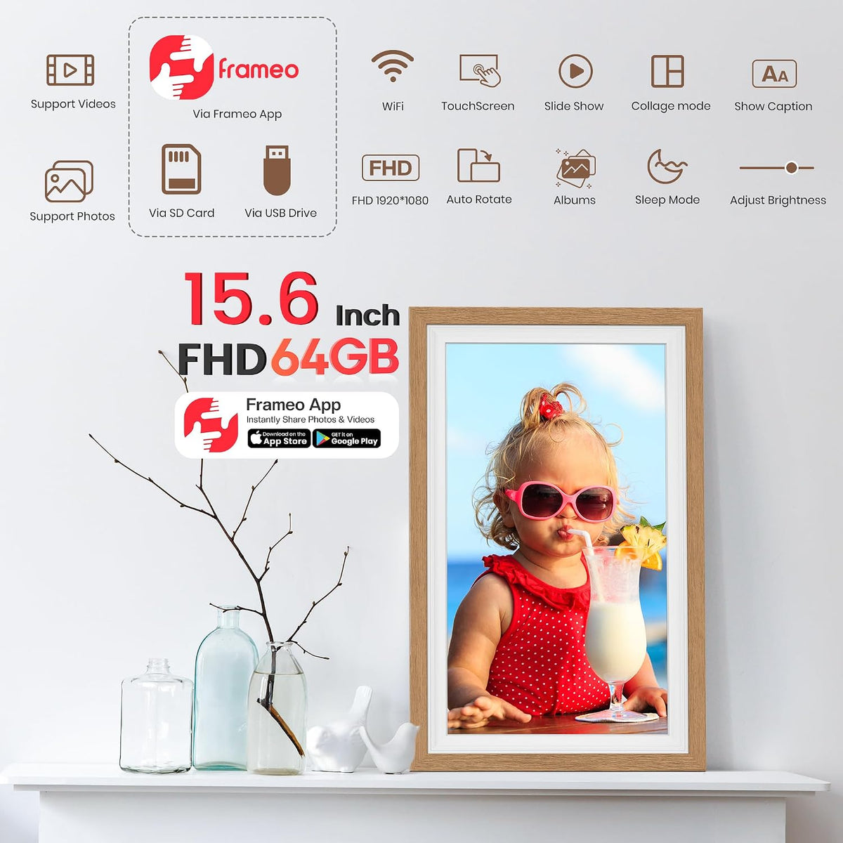 Frameo 15.6 Inch WiFi Digital Photo Frame with 64GB Memory, 1920x1080 FHD IPS Touchscreen Digital Picture Frame, Auto-Rotate, Instant Photo & Video Sharing via Frameo App