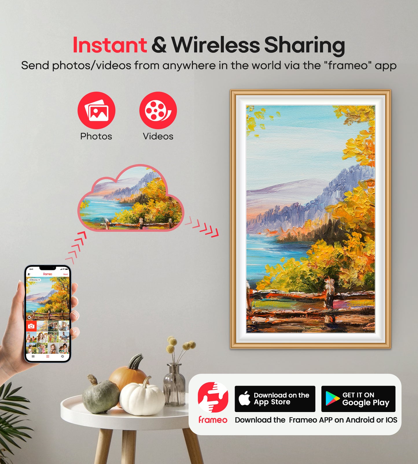 64GB Frameo 15.6" Digital Picture Frame Large 1920 x 1080 IPS FHD Touch Screen WiFi Electronic Photo Frames Share Moments Instantly Anywhere Best Gifts for Parents and Grandparents Golden White