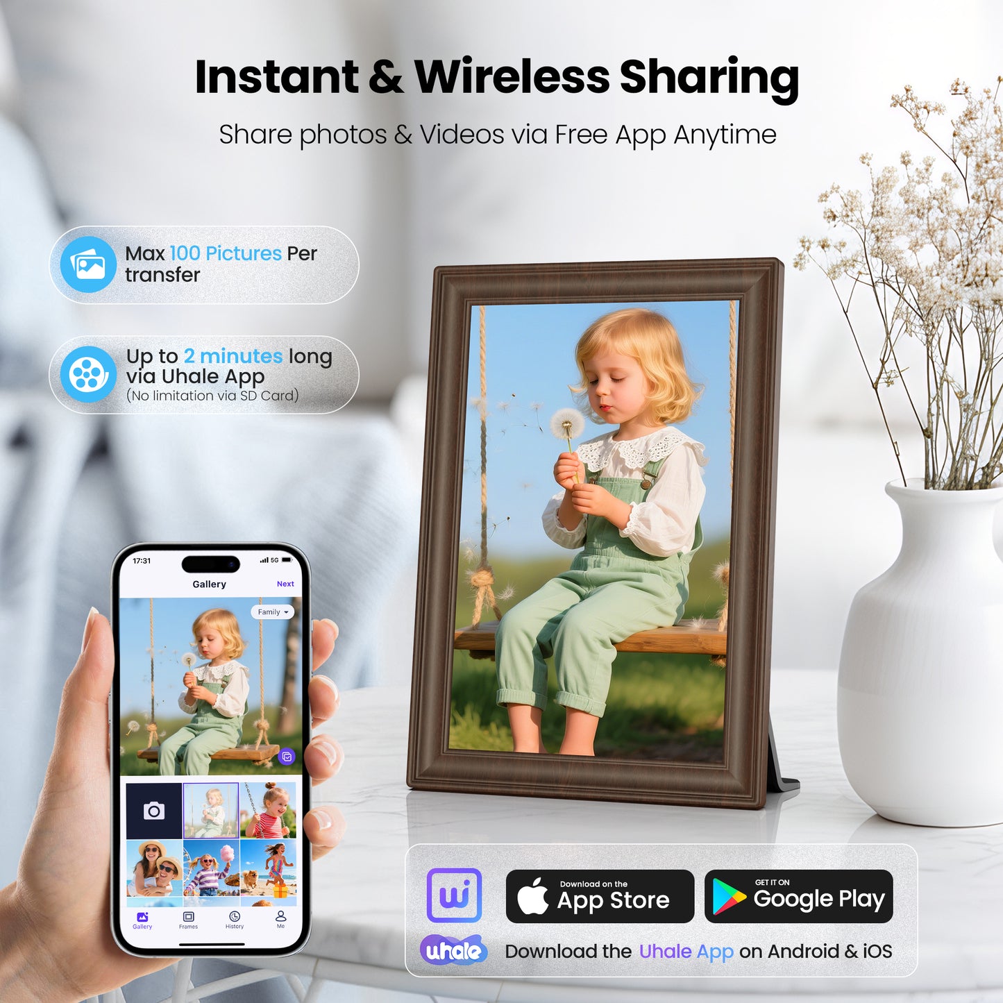 NUSICAN Digital Picture Frame 10.1 Inch Electric WiFi Touch Screen IPS Display digital Photo Video frames with 32GB Memory, Share Instantly via Uhale App, Best Gift for Mother's Day