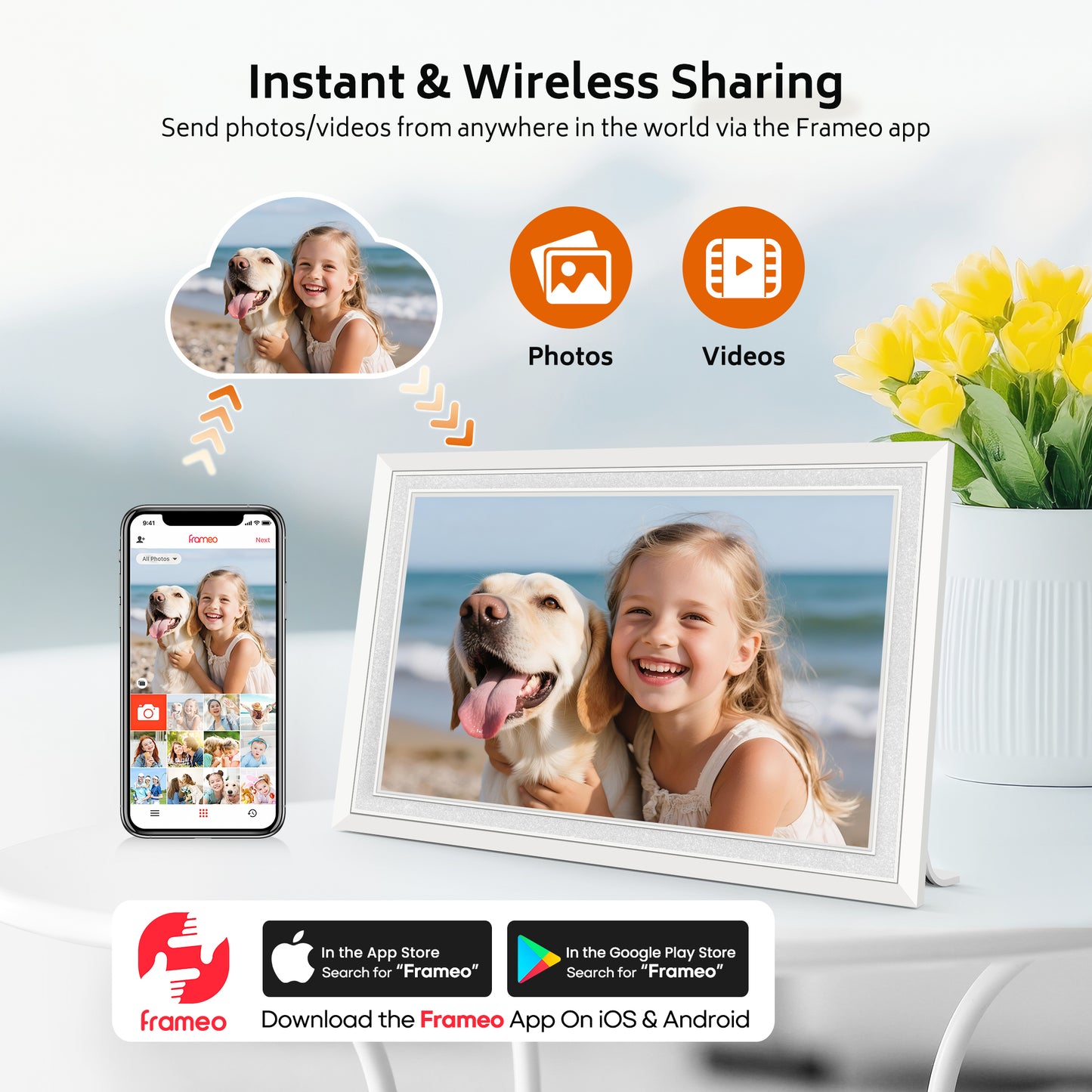 Frameo 10.1" Digital Picture Frame with 32GB Memory White WiFi Electronic Photo Frame 1280 x 800 IPS HD Touch Screen Auto-Rotate Slideshow Wall Mountable Share Photos/Video Remotely Anywhere