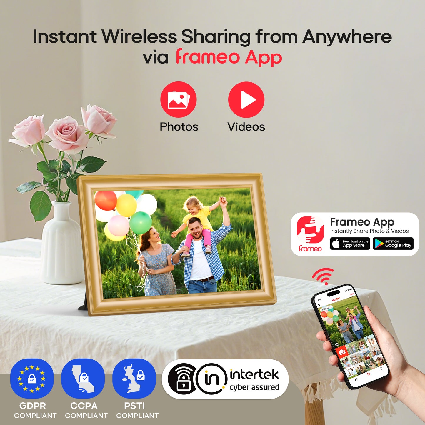 Frameo 10.1" WiFi Digital Picture Frame with 32GB Memory, 1280 x 800 IPS HD Touch Screen Electronic Photo Frame, Auto-Rotate, Slideshow, Wall Mountable, Share Photos/Video Remotely Anywhere