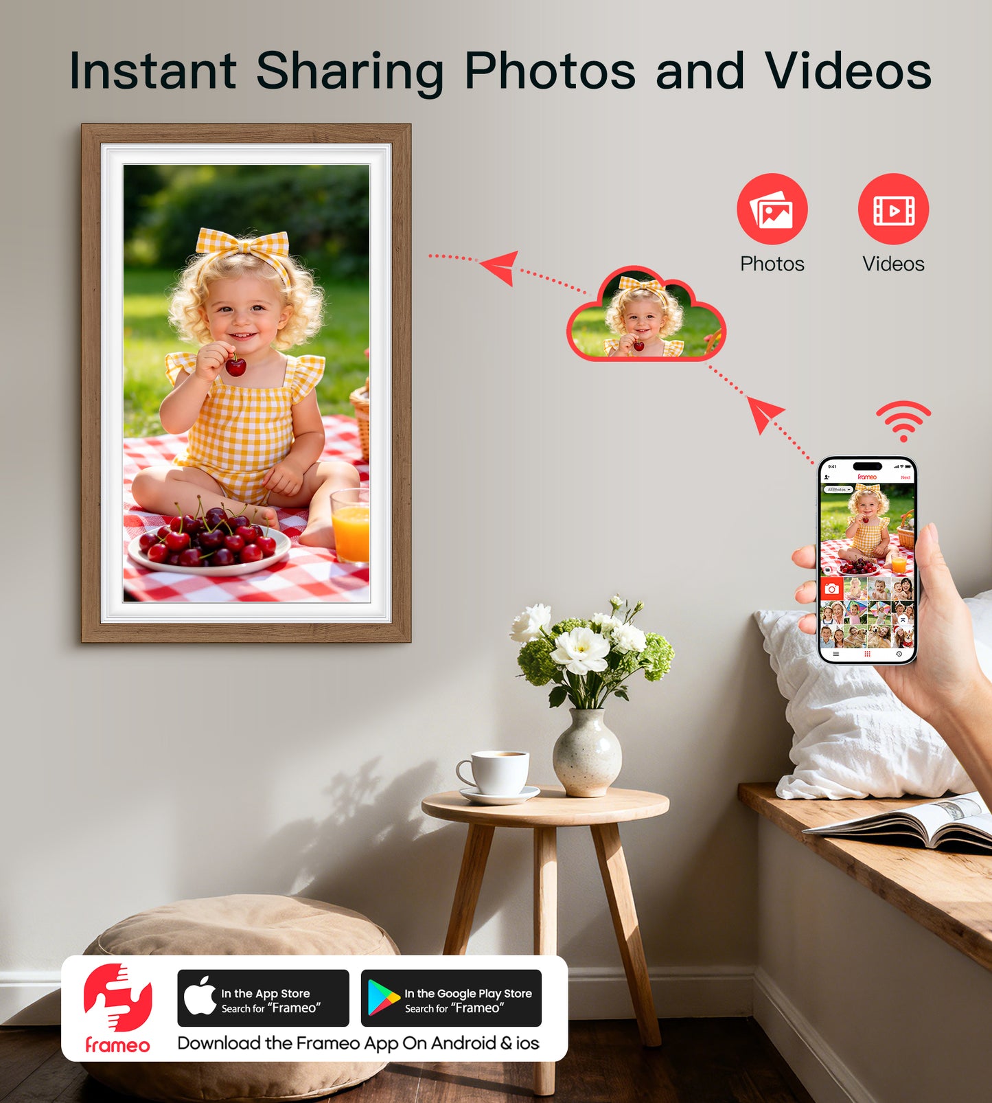 64GB Frameo 15.6" Digital Picture Frame Large 1920 x 1080 IPS FHD Touch Screen WiFi Electronic Photo Frames Share Moments Instantly Anywhere Best Gifts for Parents and Grandparents Solid Walnut