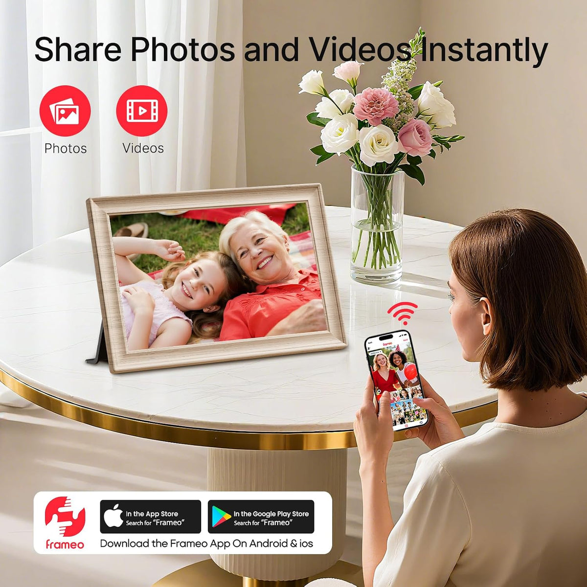 Frameo WLAN Digitaler Bilderrahmen 10,1 Zoll, HD 1280 * 800 IPS Touchscreen Elektronischer FotoRahmen mit 32GB Speicher, Auto Drehung, Einfache Weitergabe von Fotos Videos über Frameo App